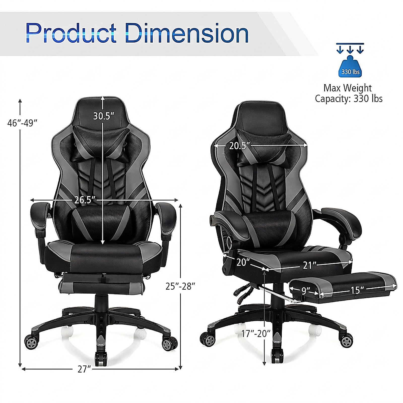 SUGIFT Adjustable Gaming Chair with Retractable Footrest Headrest and Waist Pillow