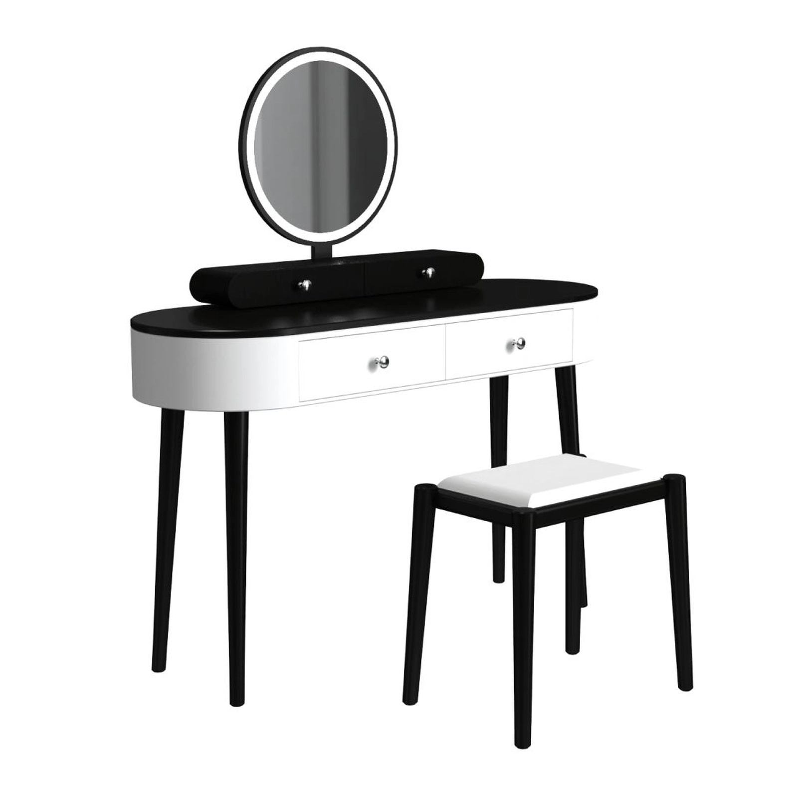SUGIFT Makeup Vanity Table Set White and Black with Round LED Mirror and 3 Drawers