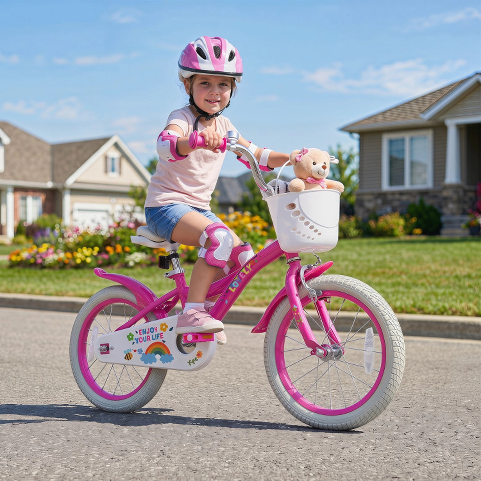 SUGIFT Adjustable 16-In Girls Bike with Training Wheels Basket Bell 110-lb Seat Capacity Ages 4-7 Spring Party Pink