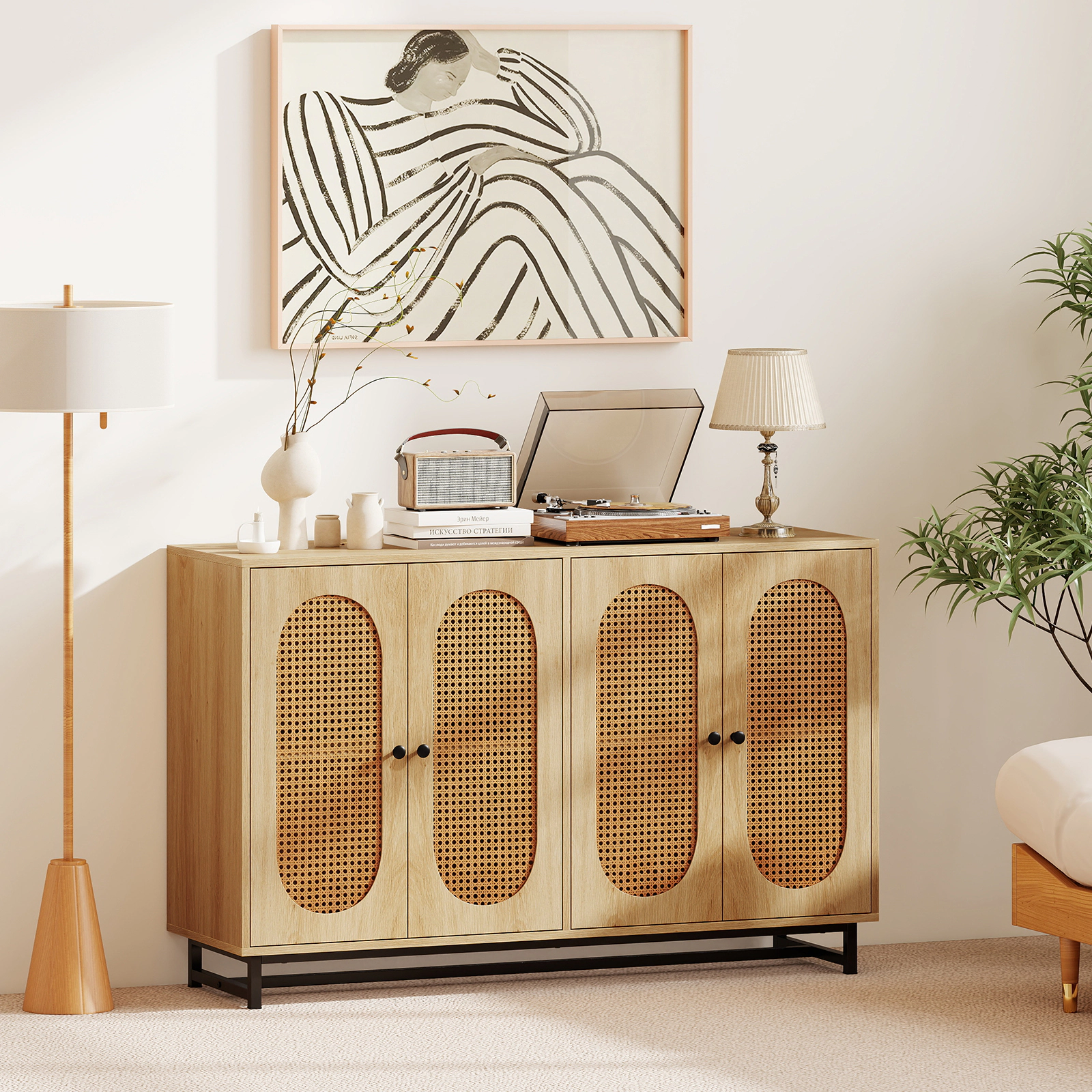 LJG 50 Inch Buffet Sideboard Cabinet with 4 Rattan Doors and Adjustable Shelves