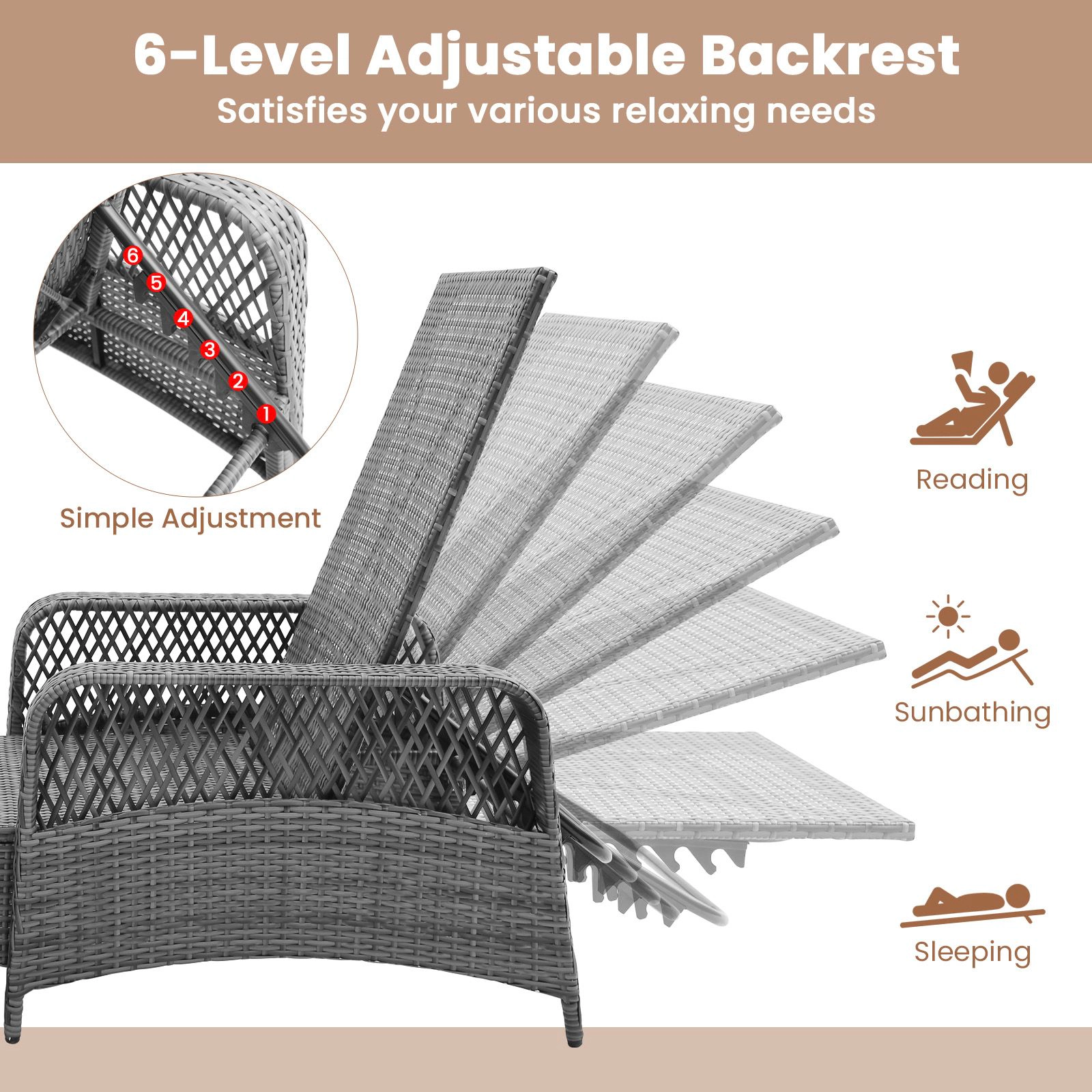 SlickBlue 6-Level Adjustable PE Rattan Patio Chaise Lounge