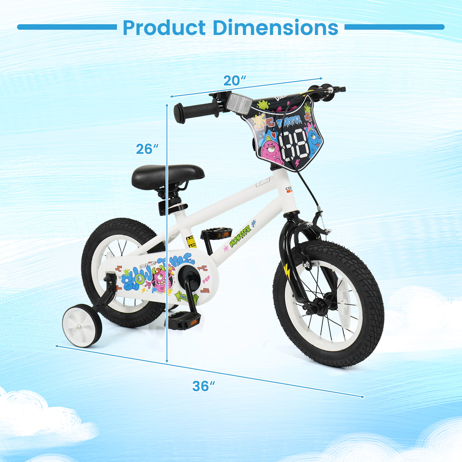 LJG Kids Bike with Training Wheels White - Street Art Time