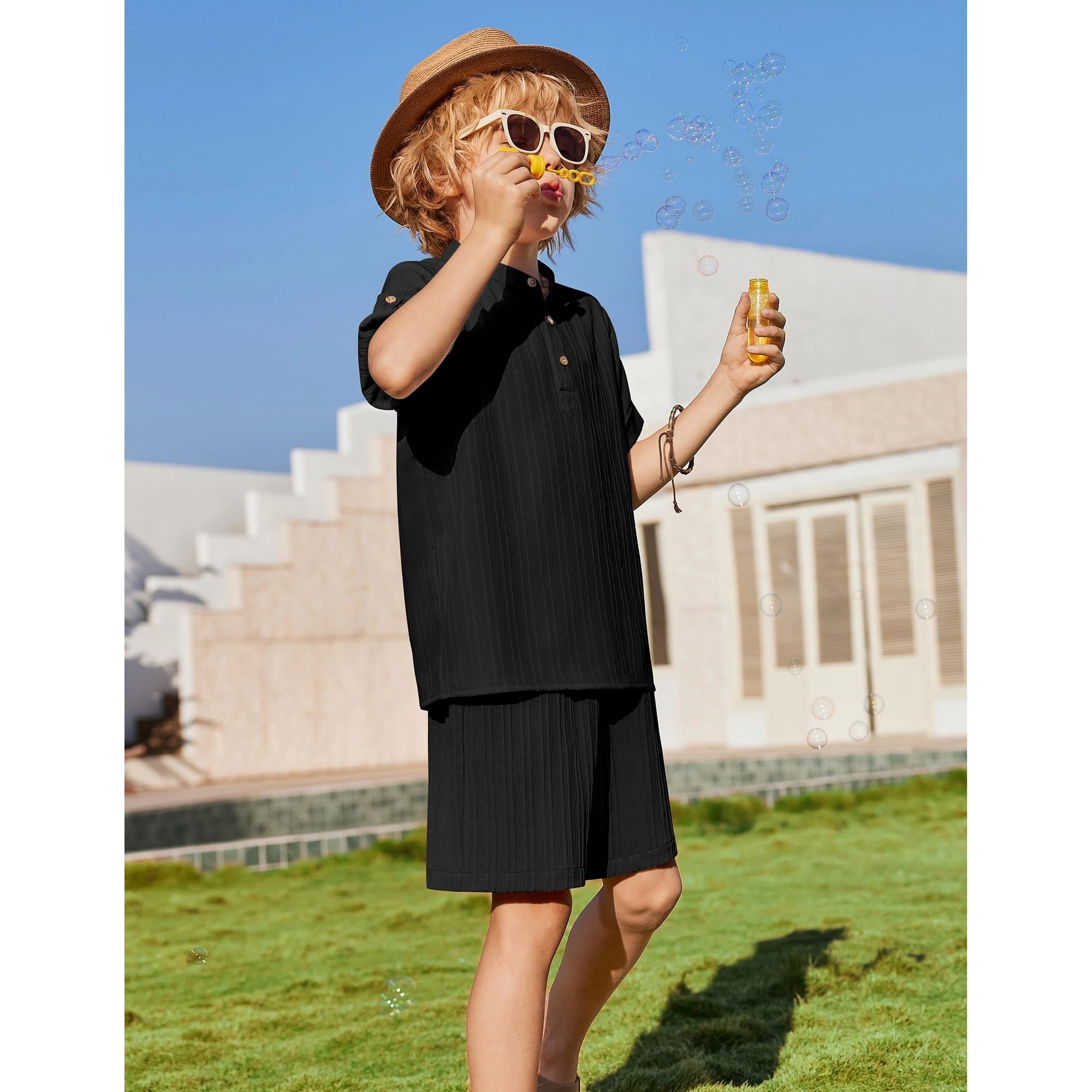 Arshiner Boys Piece Beach Outfit Short Sleeve Textured Button Down Shirt And Sets Summer