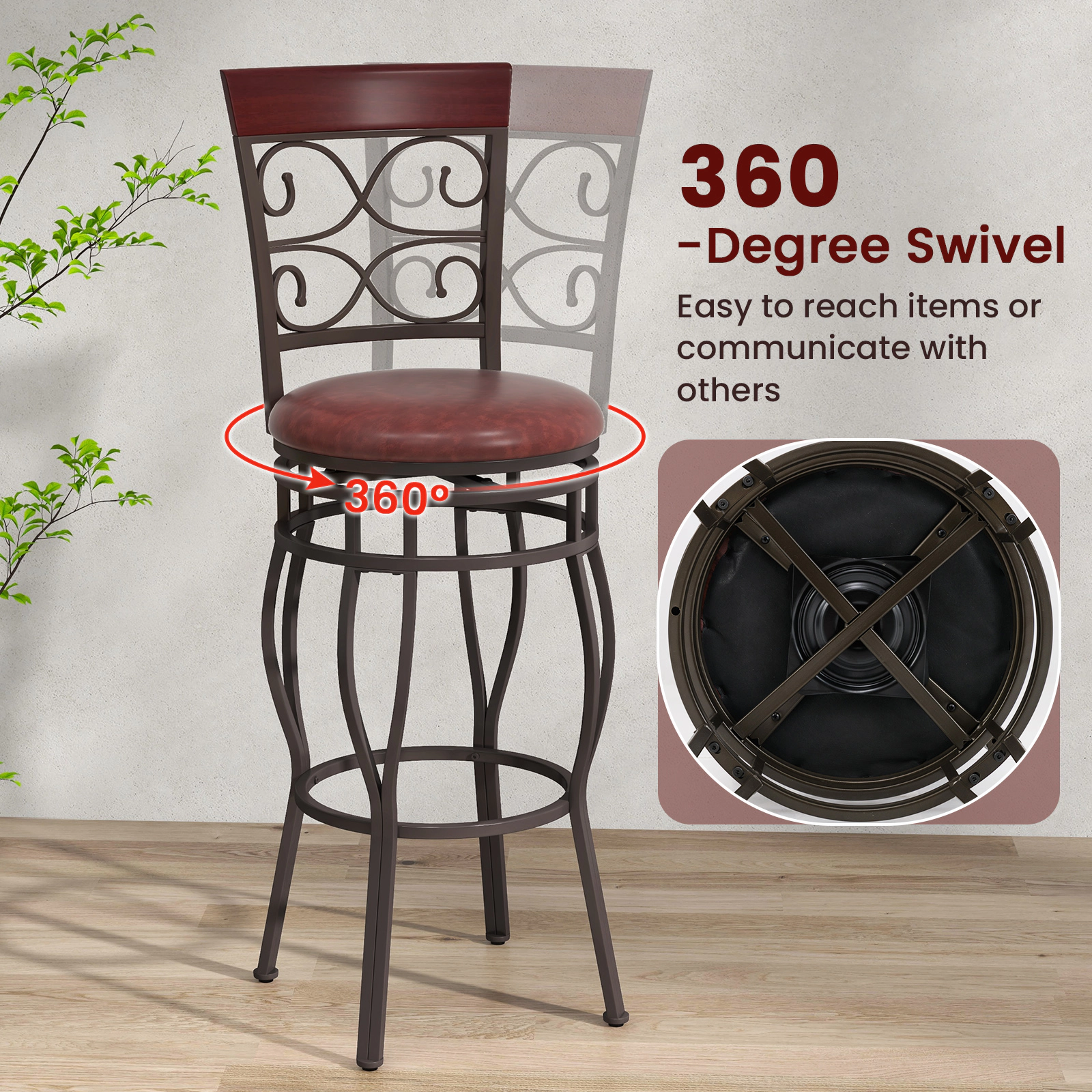 SUGIFT 2-Piece 30-in 360-Degree Swivel Bar Stools with Leather Padded Seat 300-lb Capacity Brown