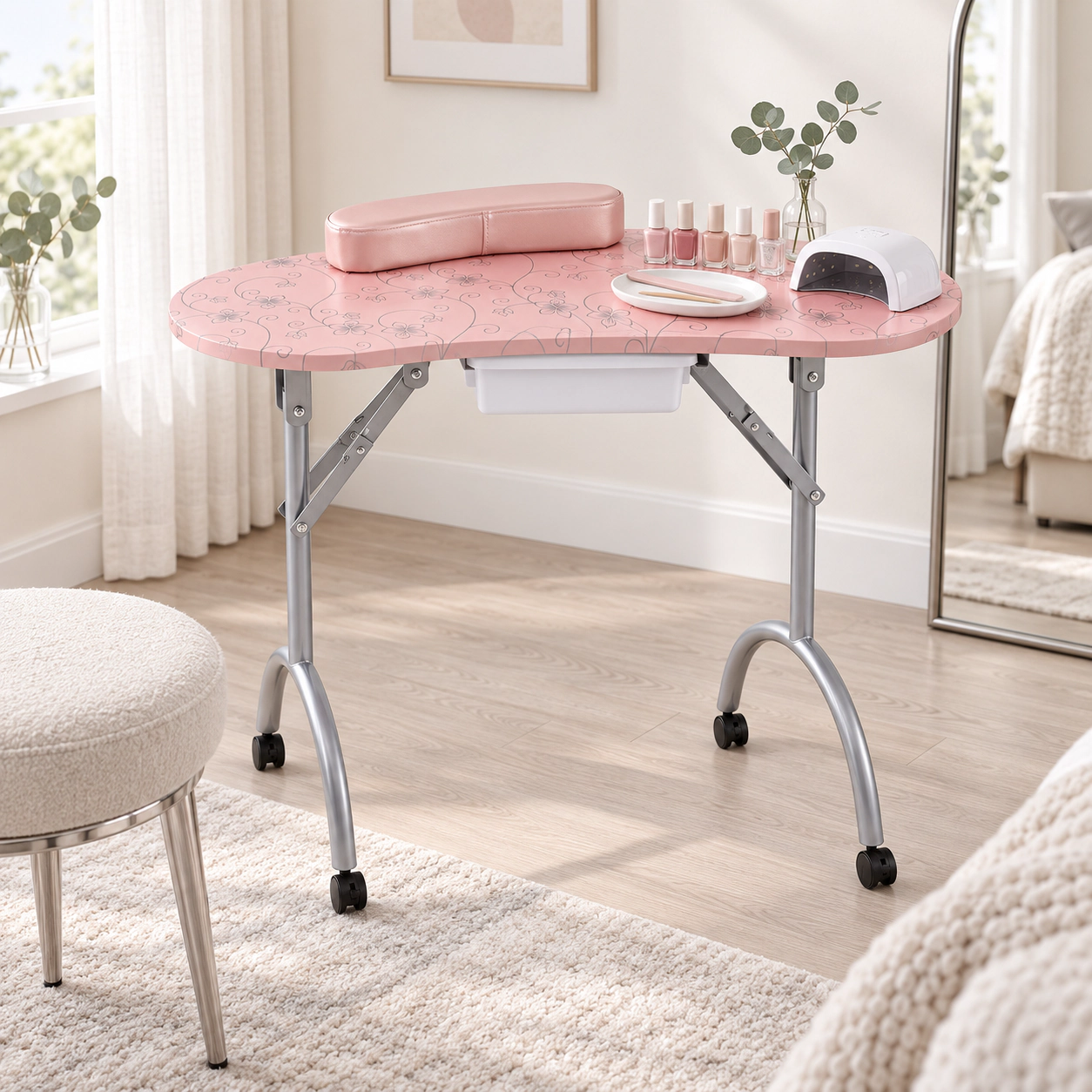 SUGIFT Floral Top Foldable Storage Drawer Wrist Cushion 4 Casters Manicure Nail Desk 35.5-in x 14.5-in x 27-in Pink