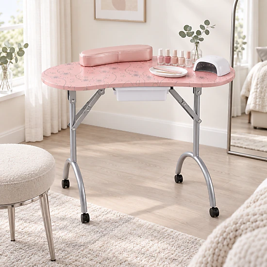 SUGIFT Floral Top Foldable Storage Drawer Wrist Cushion 4 Casters Manicure Nail Desk 35.5-in x 14.5-in x 27-in Pink