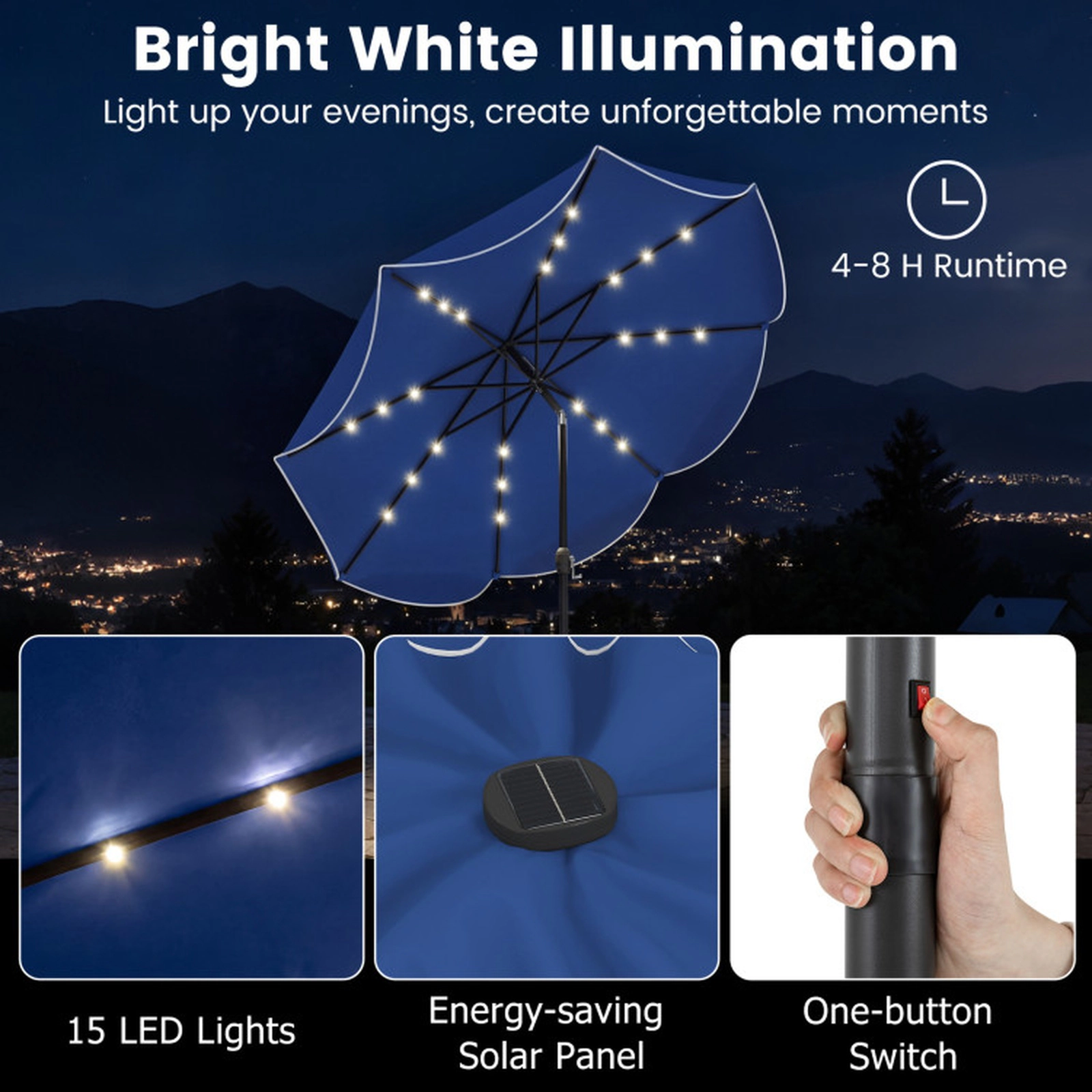 SUGIFT 10-ft Scalloped Solar Patio Umbrella with 24 LED Lights Push Button Tilt and Crank Handle 9.7 x 8.4 in Navy