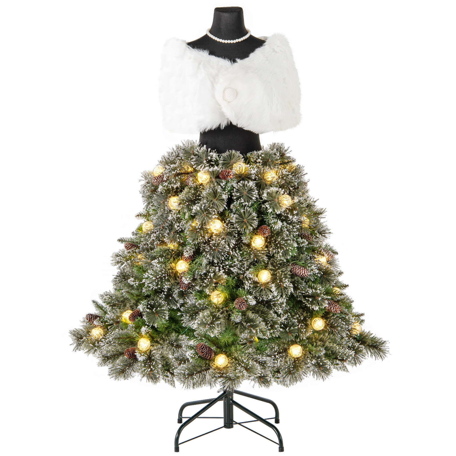 LJG 5 FT Pre-Lit Mannequin Artificial Christmas Tree Hinged Dress Form Xmas Tree with 465 Branch Tips