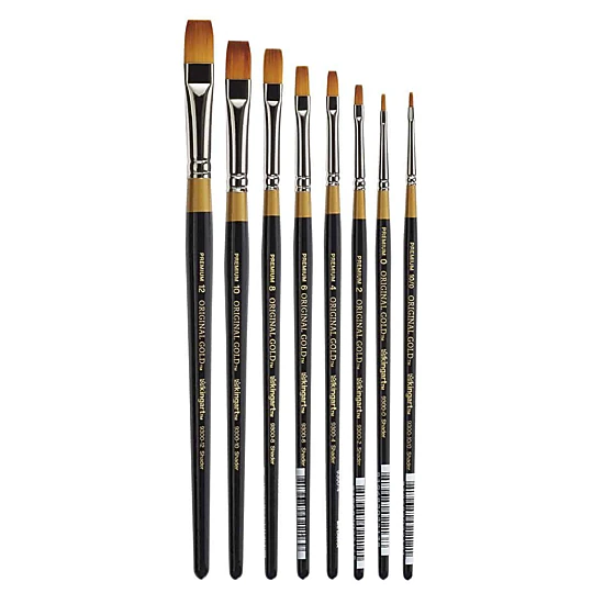 KINGART Original Gold 9300 Flat Golden Taklon Shader Brush Set - 8 pc