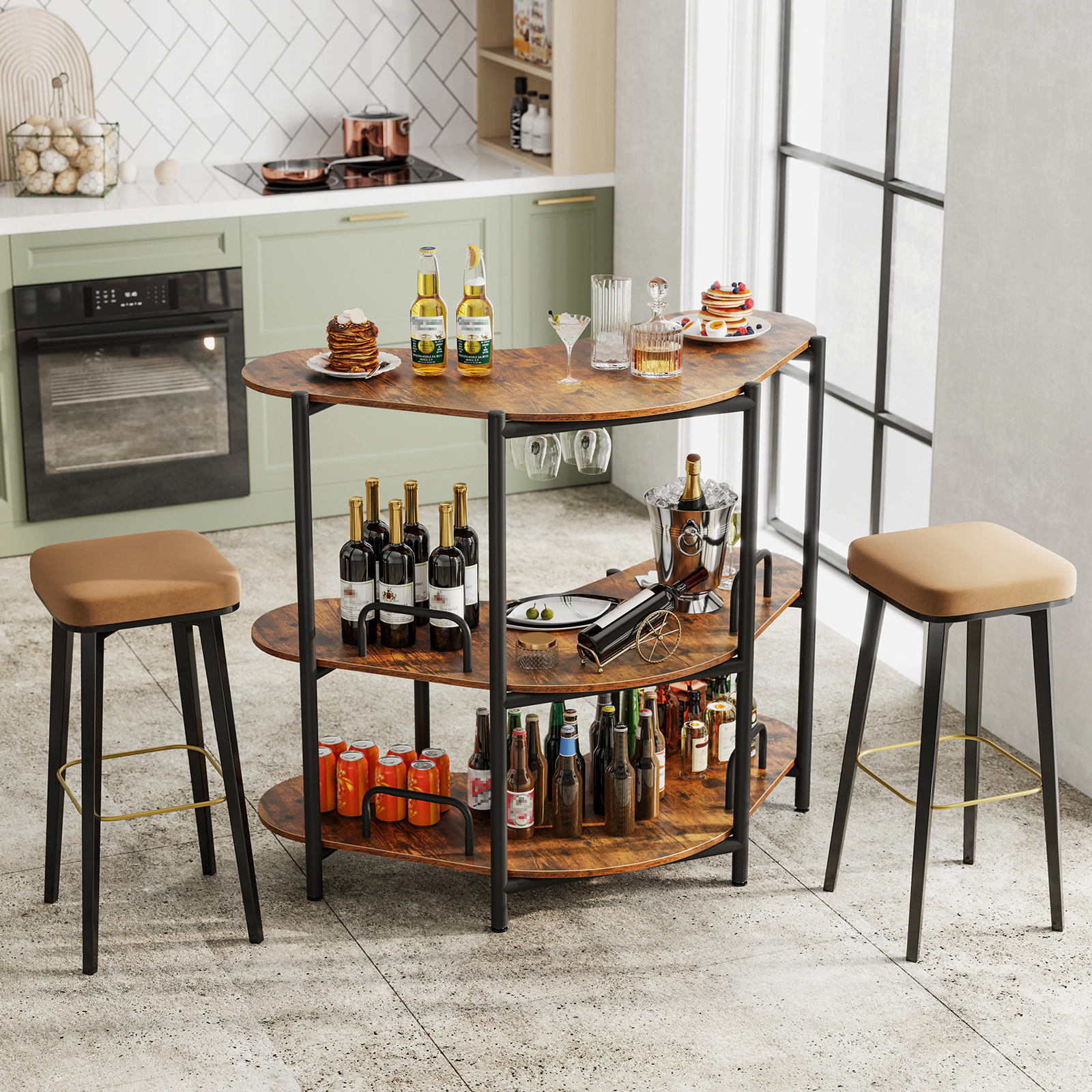 SUGIFT 3-Tier Liquor Bar Table Rustic Brown with Stemware Racks and Storage Shelves