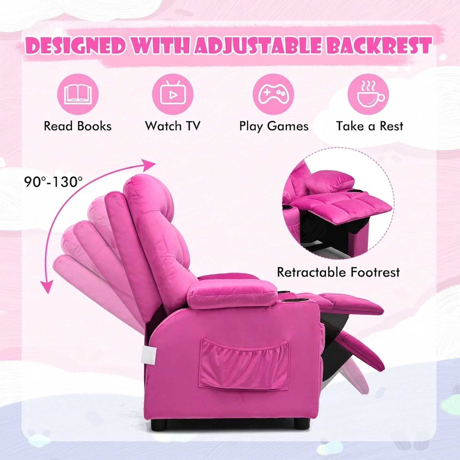 SUGIFT Kids Recliner Chair, Pink Velvet, 2 Cup Holders, 3 Pockets, 120 lb Capacity