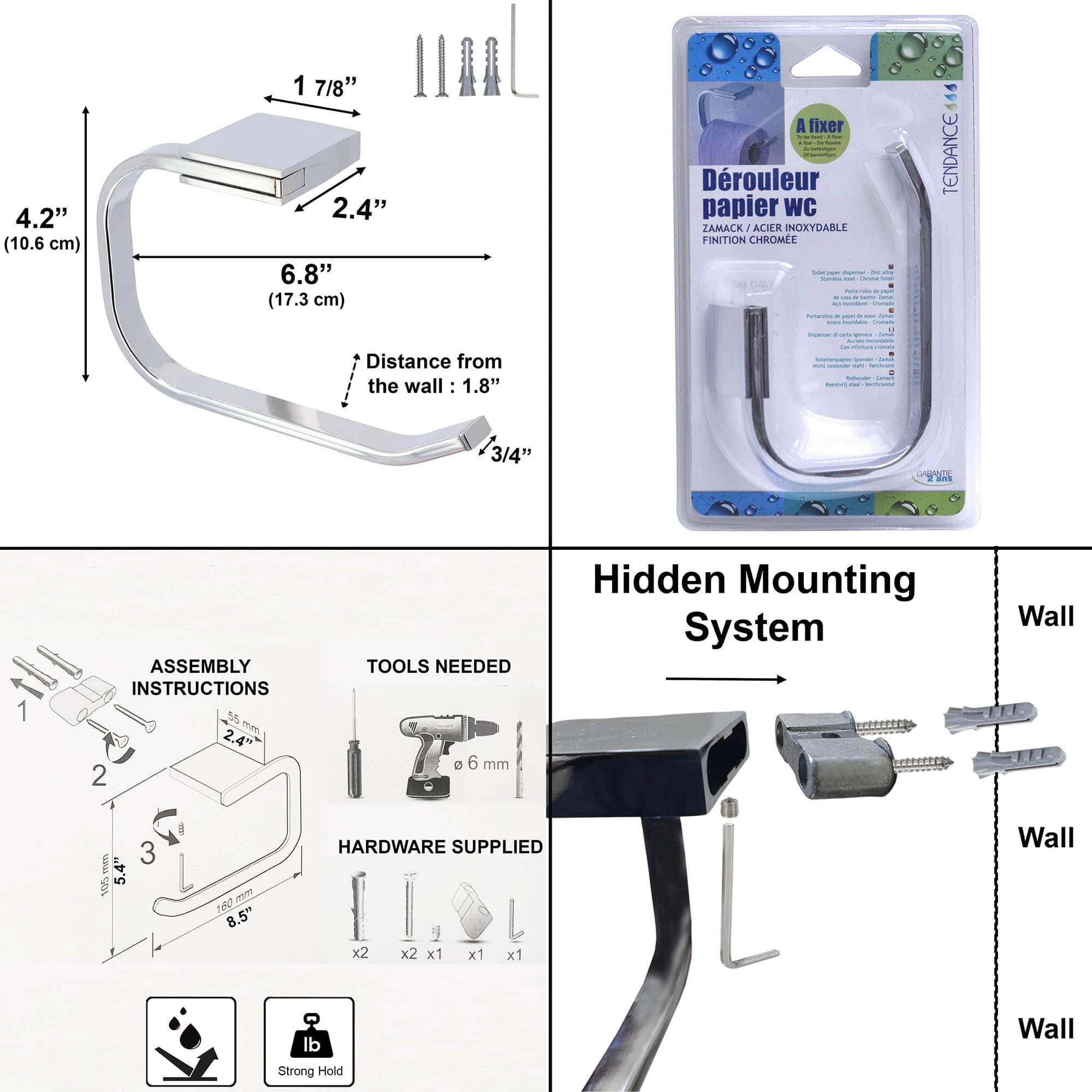 Evideco French Home Goods Stainless Steel Open-Ended Toilet Paper Holder - Concealed Screws, Chrome Finish