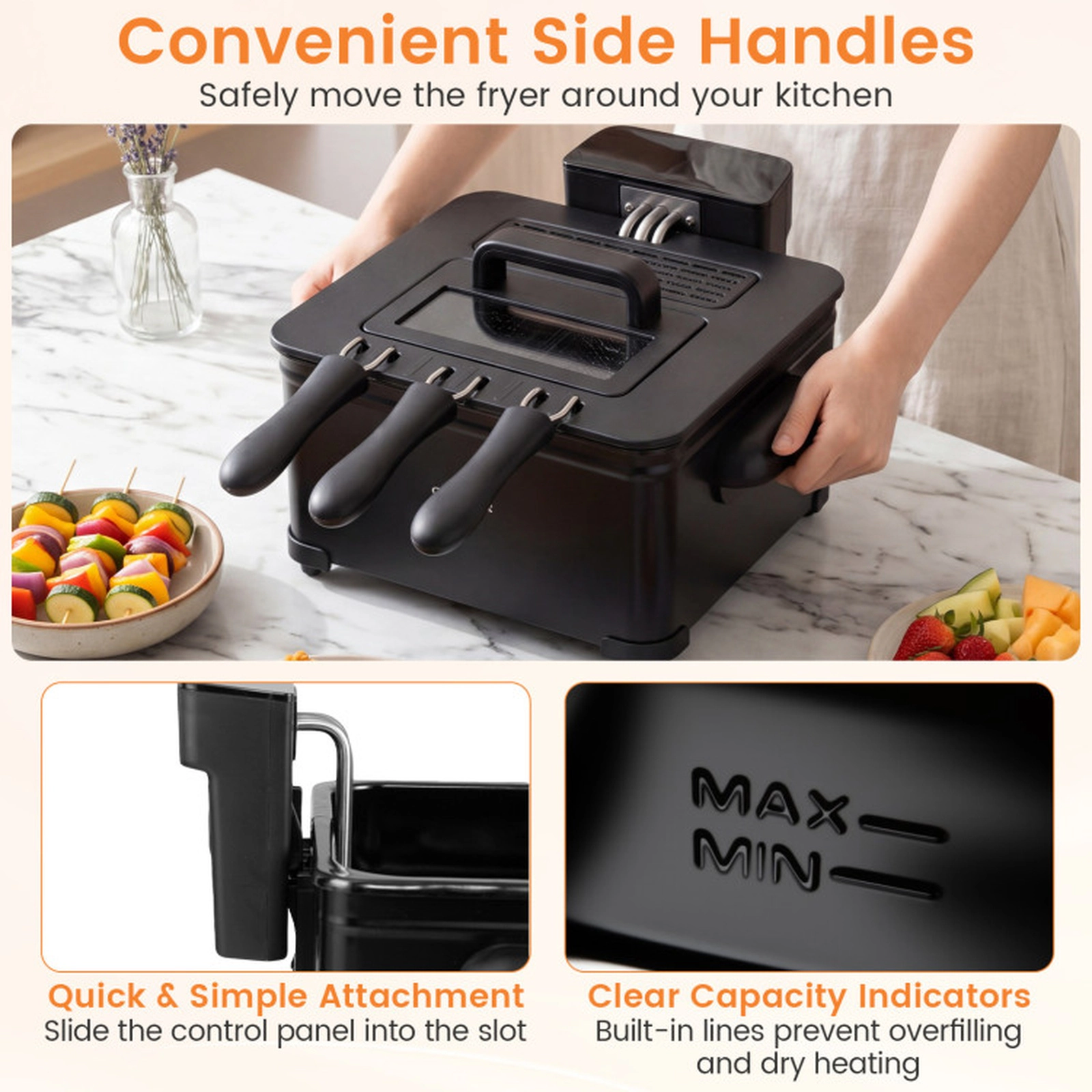SUGIFT Black Electric Deep Fryer with 3 Baskets LED Touch Screen and 6 Presets 5.3-Qt 1700W 13.5-in W 8.5-in H