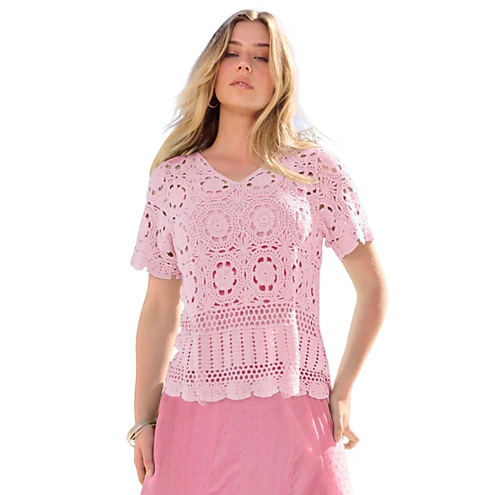 Roaman's Women's Plus Size Medallion Pattern French Crochet Sweater Top
