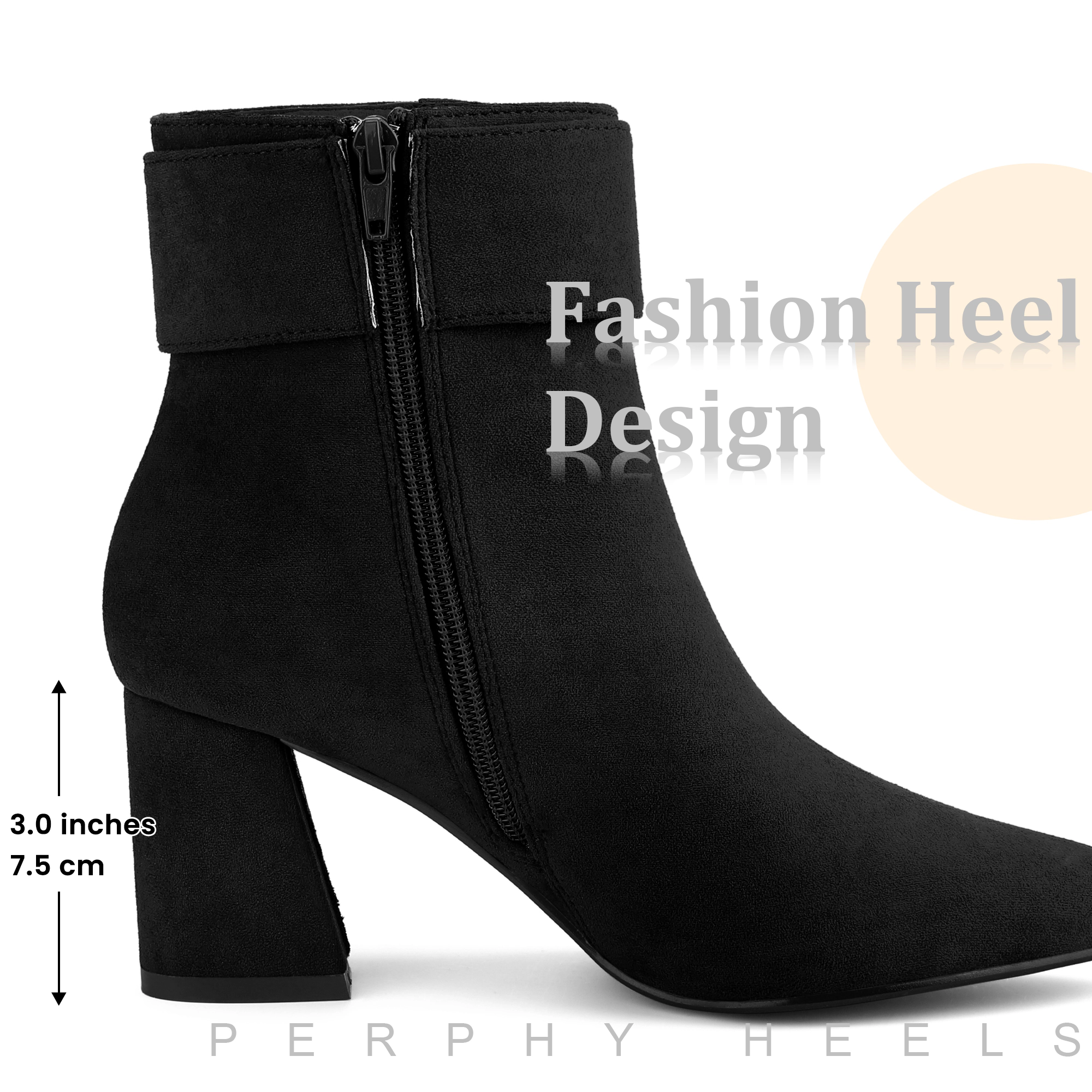 BLISSFUL STEP Women Faux Suede Pointed Toe Square Buckle Chunky Heels Ankle Boots