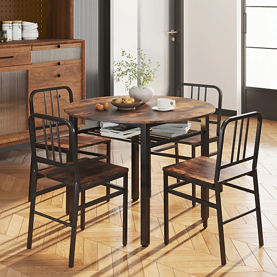 Hivvago 5-Piece Round Dining Table Set With Storage Shelf For Dining Room