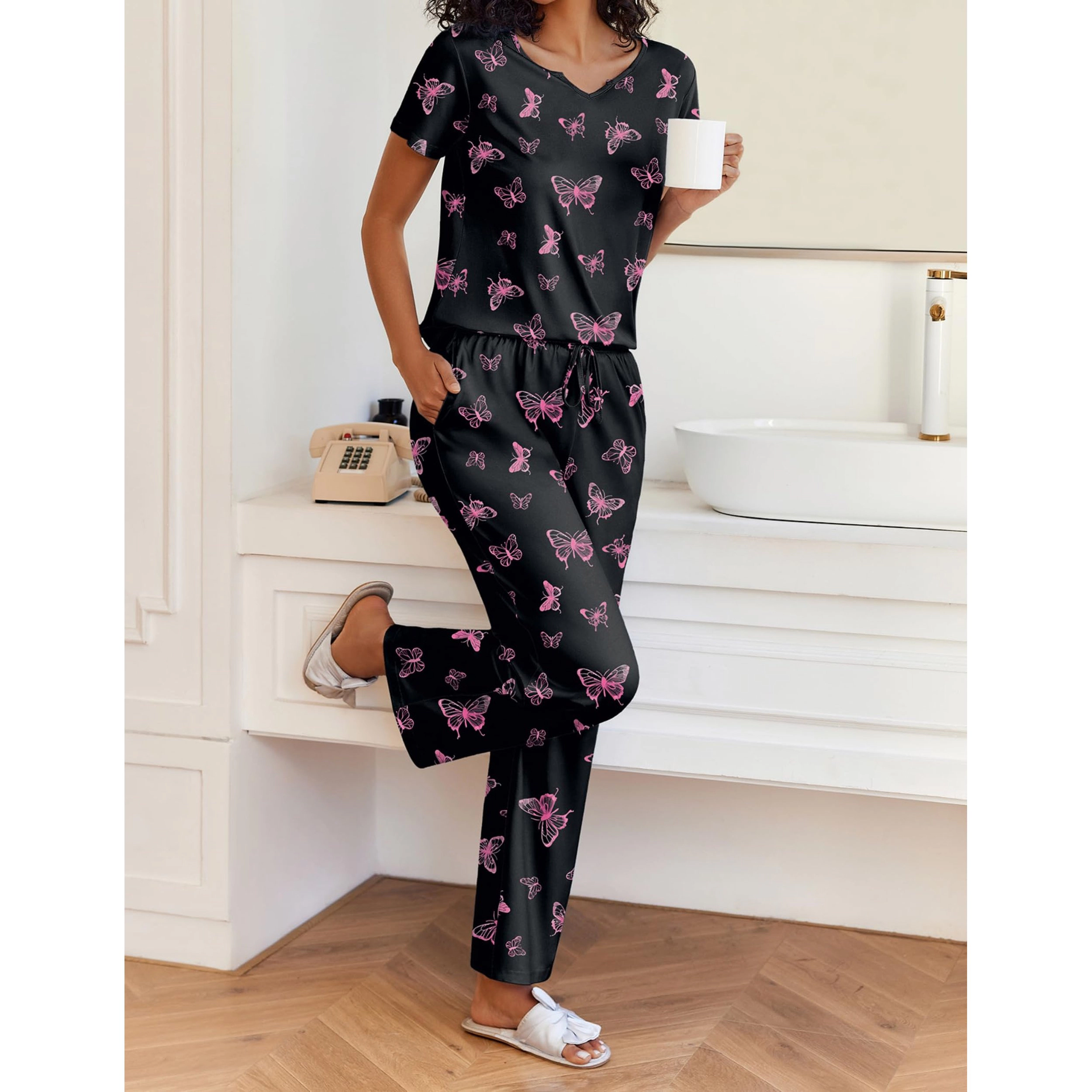 Ekouaer 2 Piece Womens Pajamas Short Sleeve Top and Long Pants Pjs Set Printed Sleepwear with Pocket
