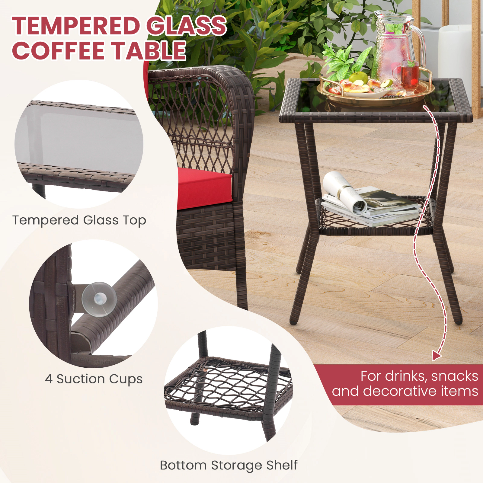SUGIFT 3-Piece Rocking Bistro Conversation Set 2-Tier Coffee Table 440-lb Rocker Capacity Mix Brown Rattan Red Cushions