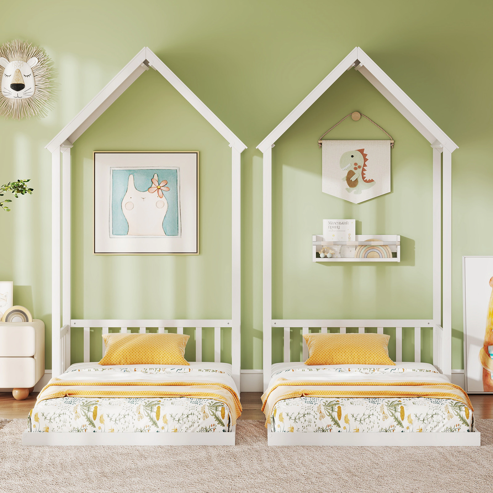SUGIFT Twin Size House Floor Bed with House Shape Roof and Semi-Fence Toddler Bed White