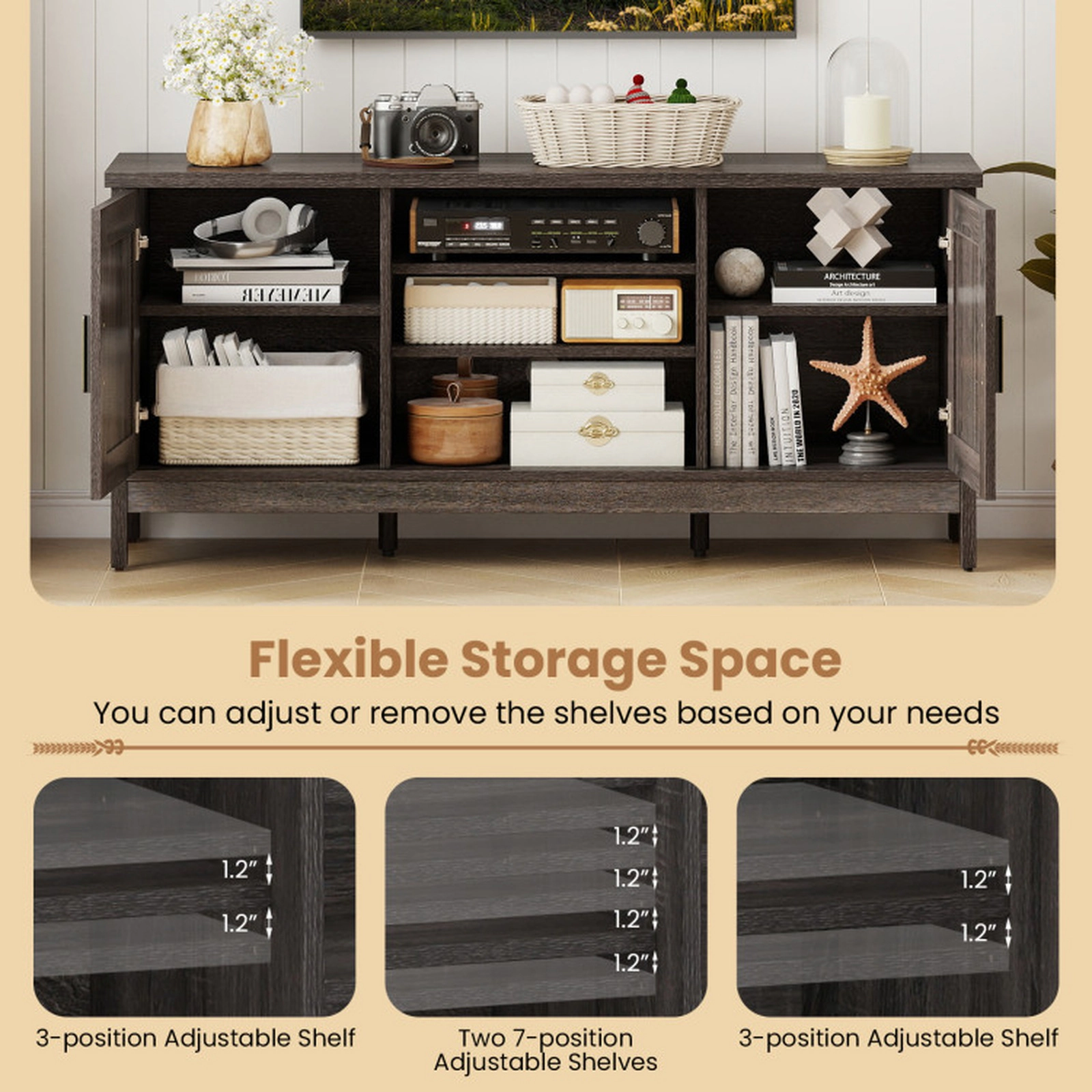 SUGIFT Gray Farmhouse TV Stand for TVs up to 65 in, 2 Barn Door Cabinets