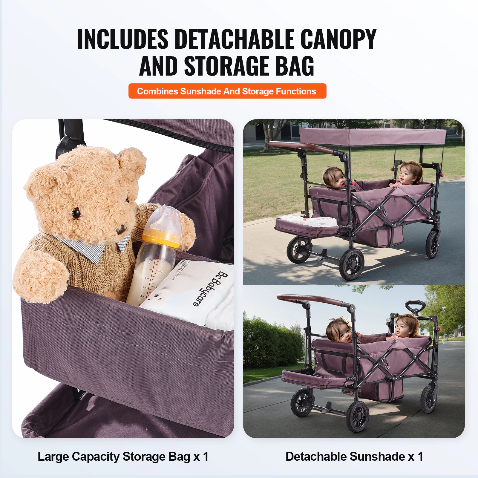 HONGGE Foldable Wagon Stroller for 2 Kids with Removable Canopy, Adjustable Handle & Wheel Brakes, Dark Purple