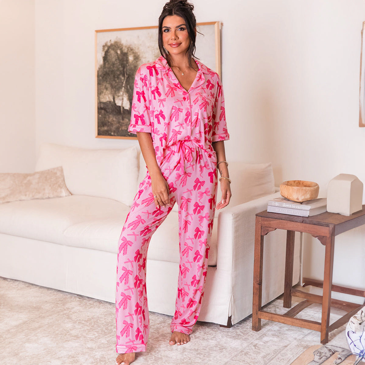 Sol Living Womens Bow Knot Print Lapel Collar Pajamas Set