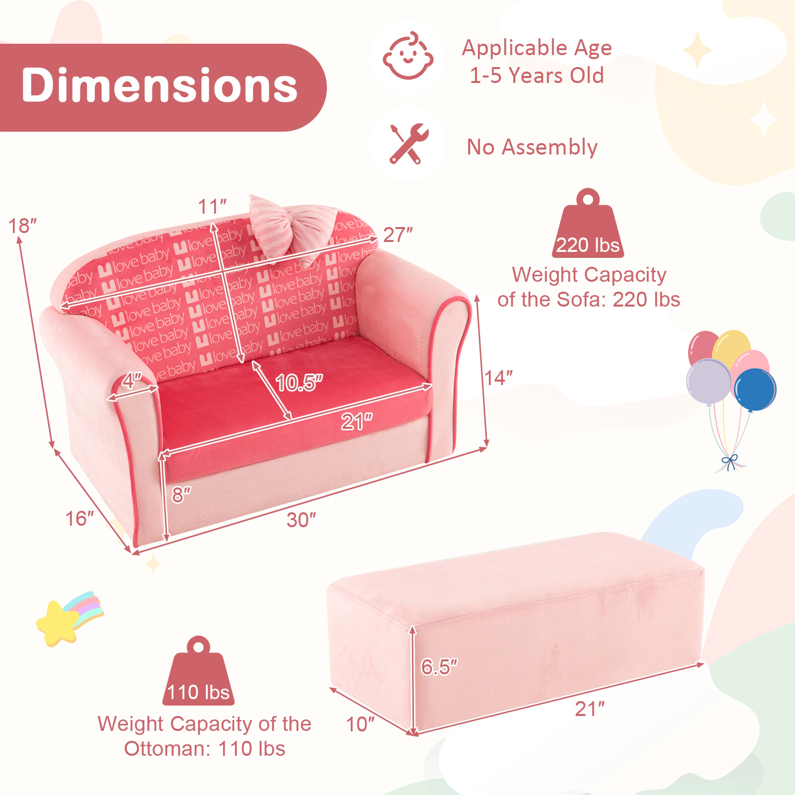 SUGIFT Ultra Soft Velvet Kids Sofa Chair with Ottoman 220-lb Couch 110-lb Ottoman Capacity Ages 0-5 Pink