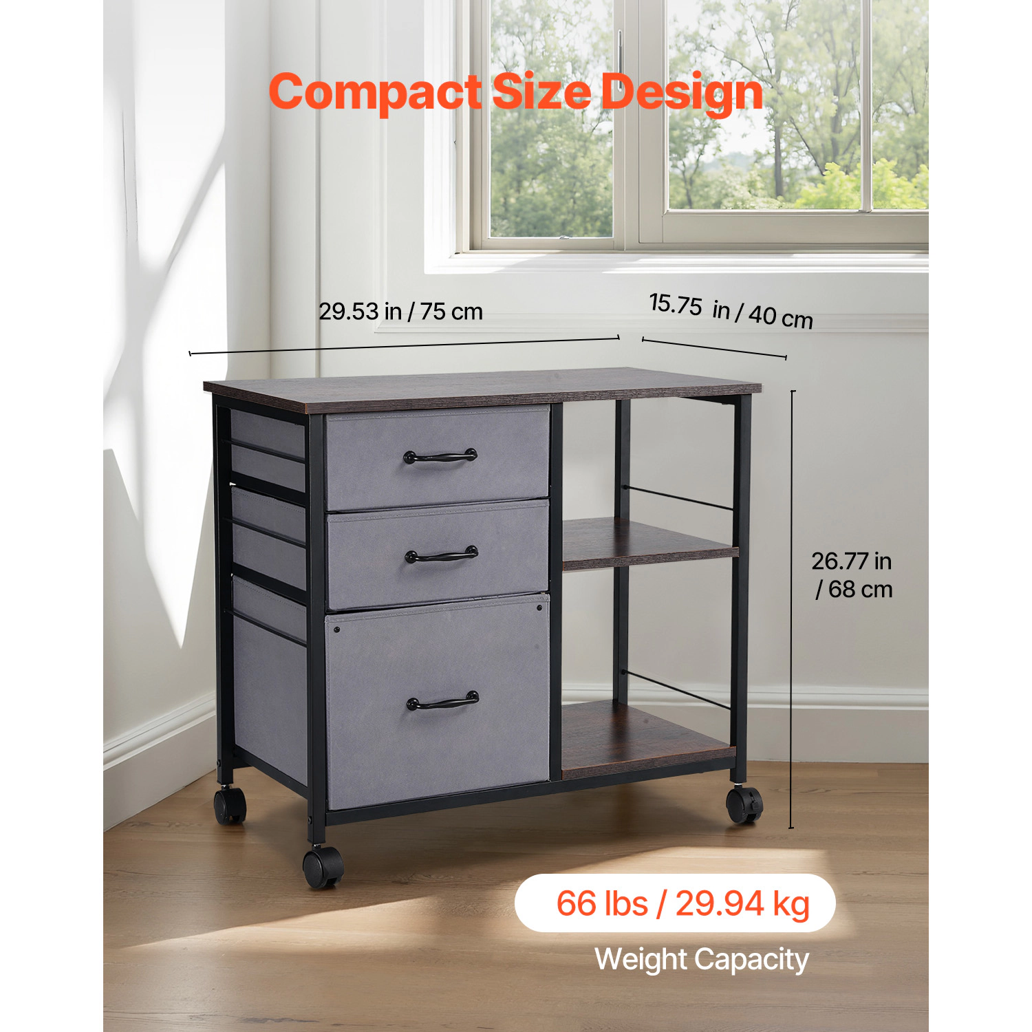 HONGGE Metal File Cabinet Mobile Filing Cabinet with 3 Fabric Drawers and 2 Open Shelves Wooden Vertical Filing Storage