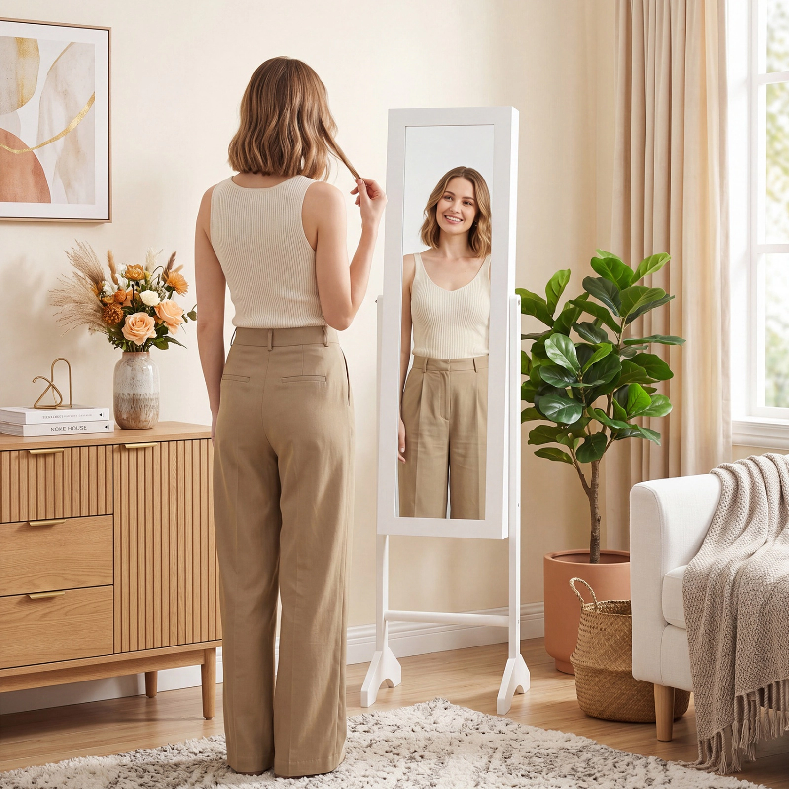 SUGIFT White Freestanding Jewelry Armoire with Full-Length Mirror Velvet Lined Cabinet and Magnetic Catch