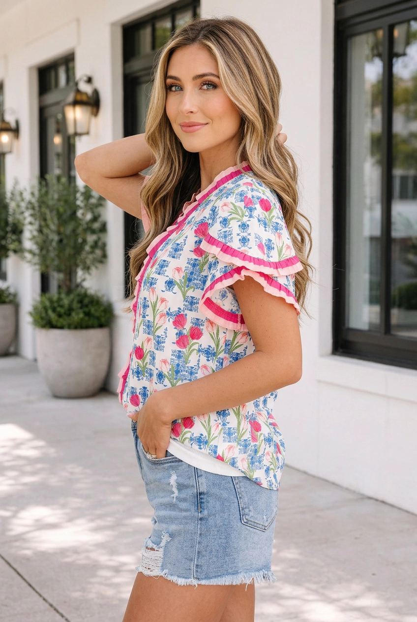 Threaded Pear Rose Floral Ruffle V-Neck Short Sleeve Loose Tunic Shirt