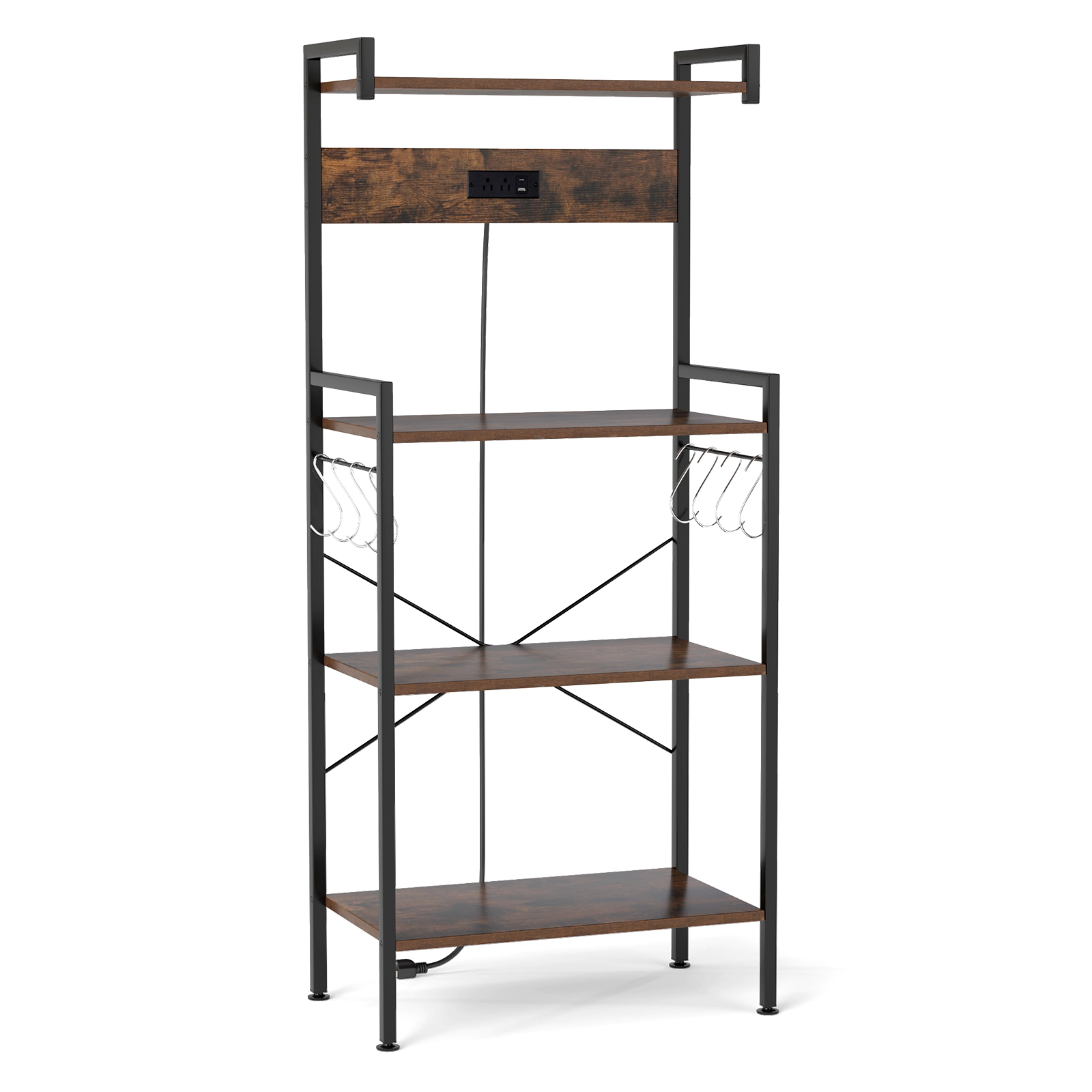 SUGIFT 4-Tier Kitchen Bakers Rack Shelving Unit with Power Outlet 55-lb Top Shelf Capacity 4-Shelf 8-Hook Rustic Brown