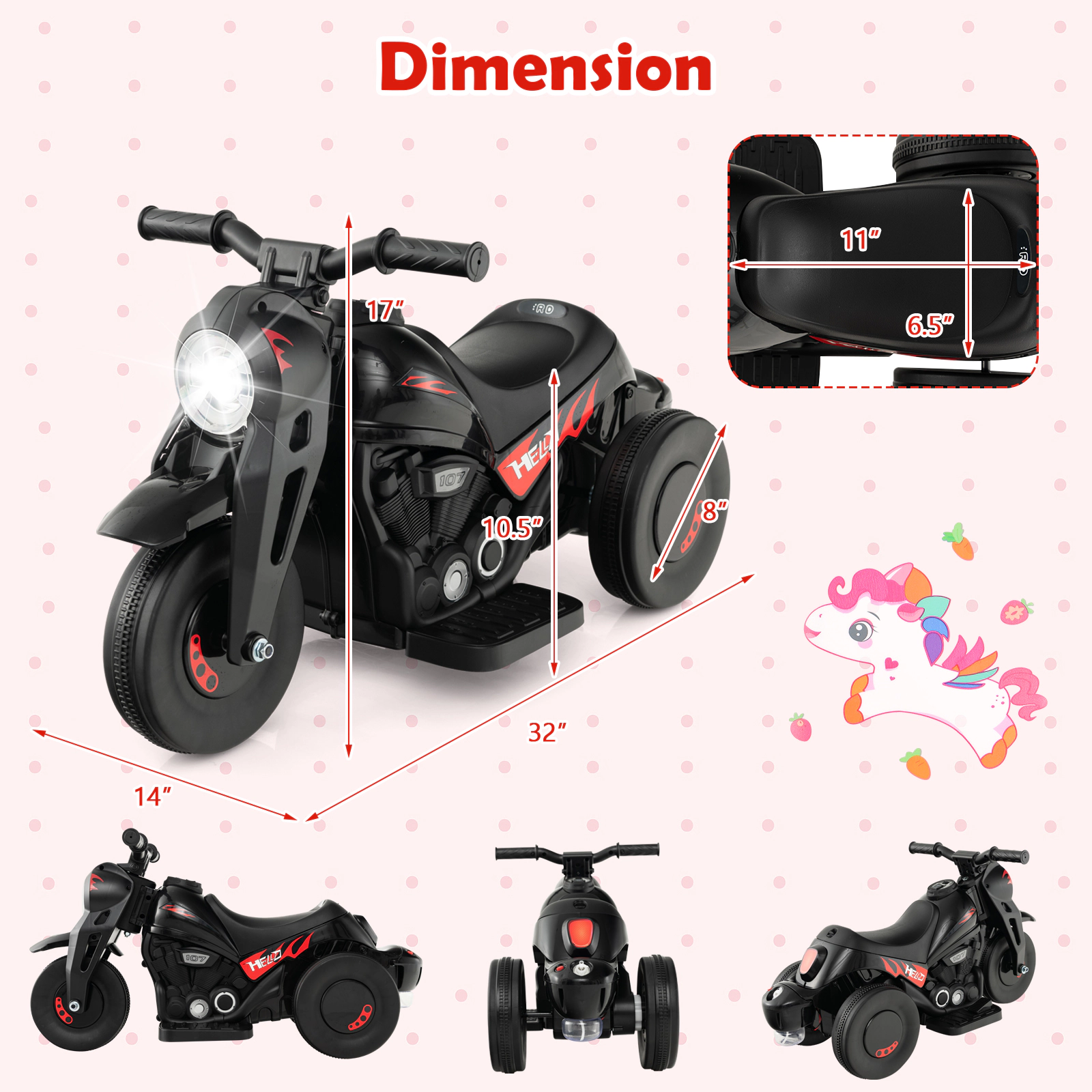 SUGIFT 6V Kids Electric Ride-On Motorcycle with Bubble Maker and Music 66-lb Capacity 32-in Long Seat 11 x 6.5 in Black