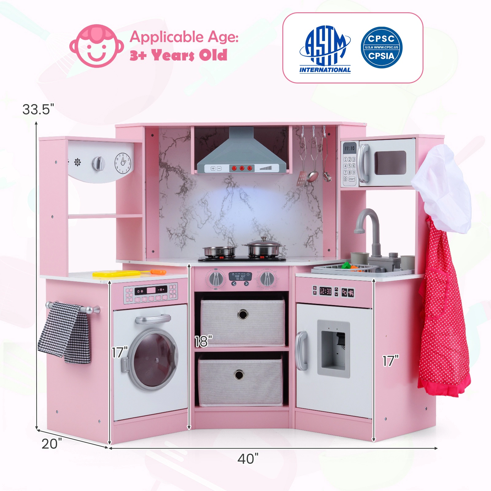 SUGIFT Wooden Kids Play Kitchen Playset with Realistic Lights and Sounds 18-in Stovetop Height Ages 3+ Gray/Coffee