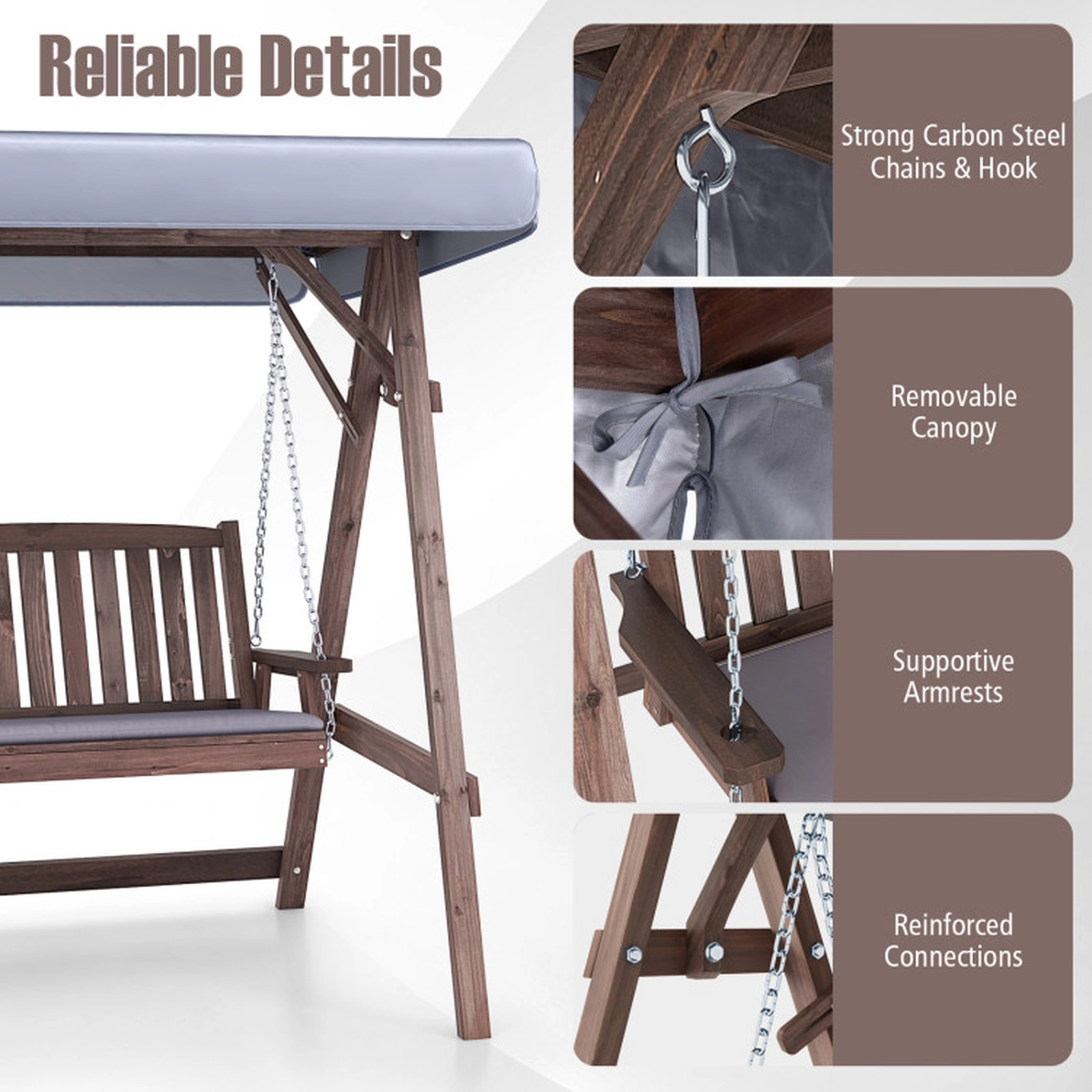 SUGIFT 2-Person Brown Wood Porch Swing with Tilt Canopy and Cushion 67-in W 47-in D 66.5-in H 661-lb Seat Capacity