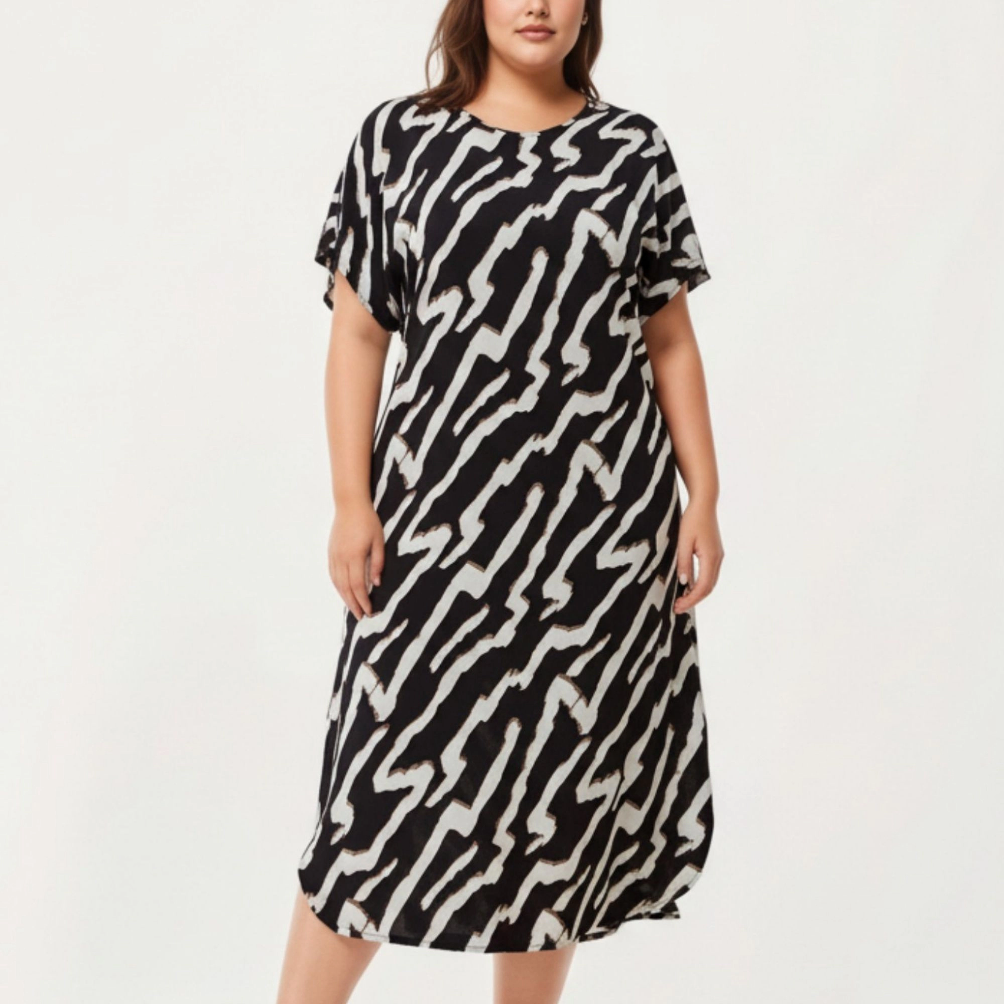 Anna-Kaci Women's Abstract Print Midi Dress Soft Draped Silhouette Relaxed Short Sleeves and Lightweight Fabric Finish