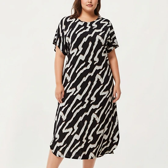 Anna-Kaci Women's Abstract Print Midi Dress Soft Draped Silhouette Relaxed Short Sleeves and Lightweight Fabric Finish
