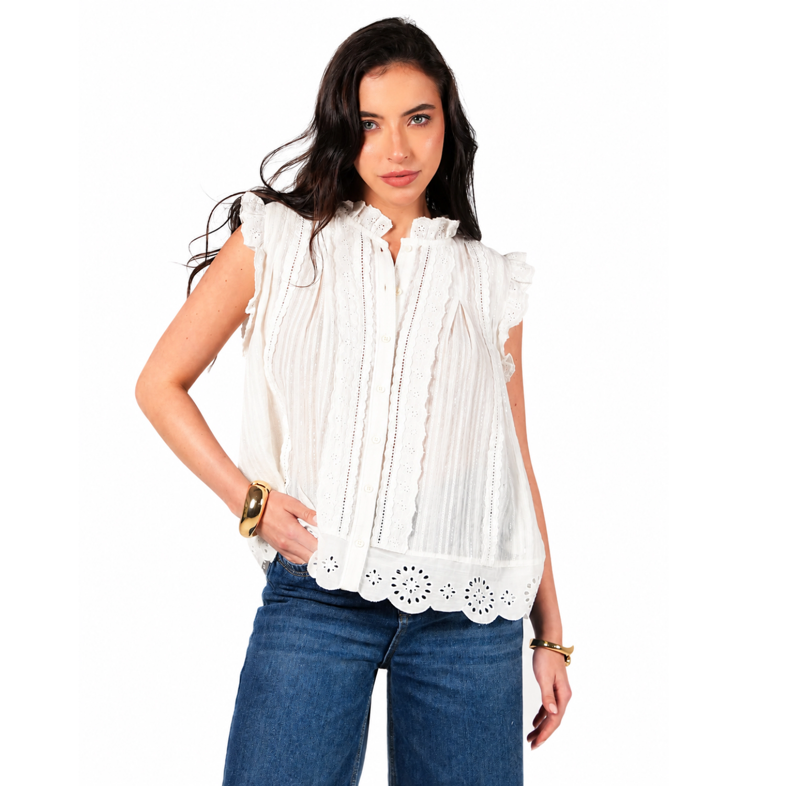 Rose & Nancy Women's Jean Ivory Cotton Lace Trim Pretty Swing Top