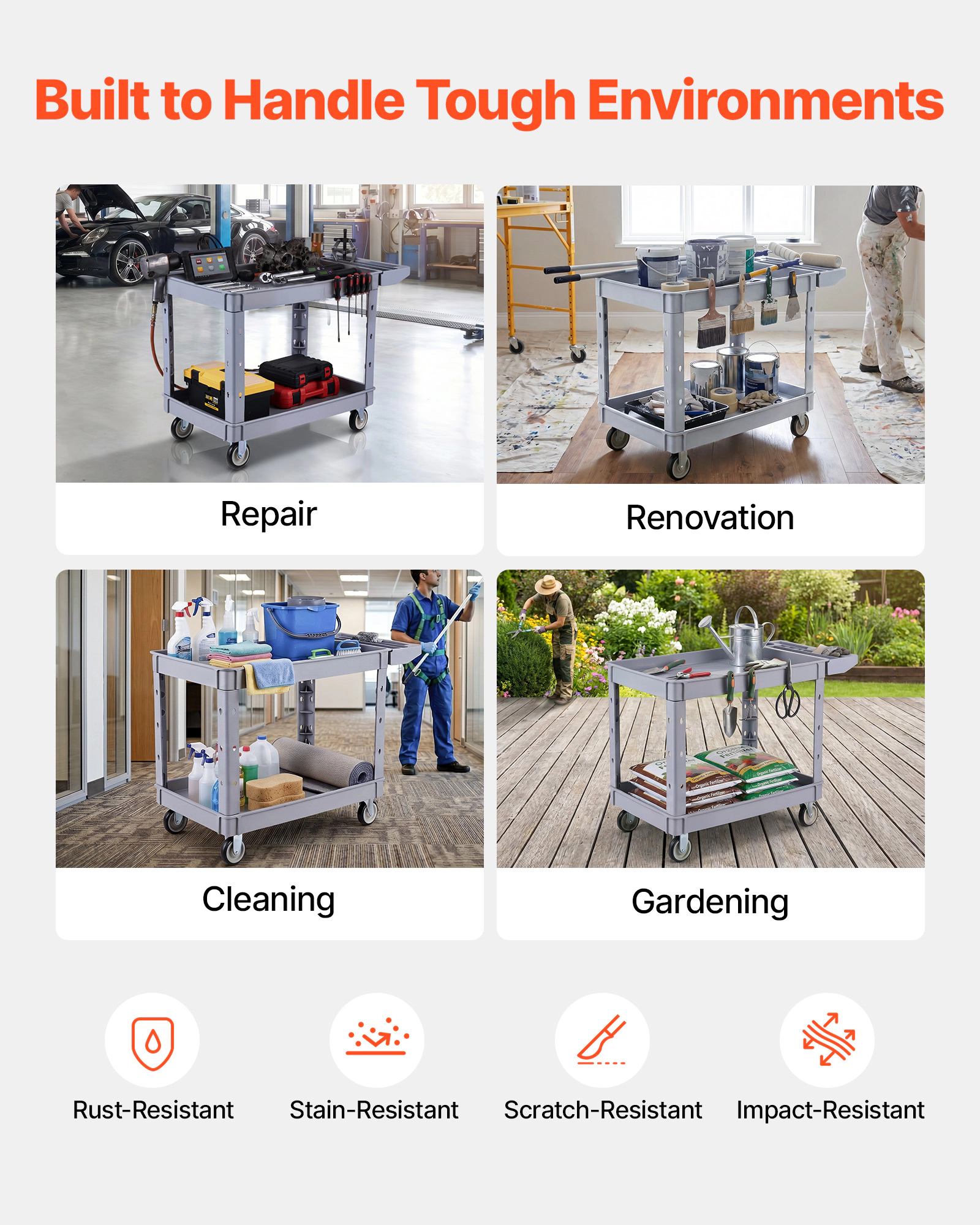 HONGGE Utility Cart 550 lbs Capacity 2 Tier Service Cart with 360° Swivel & Fixed Wheels 2 with Brakes Heavy Duty