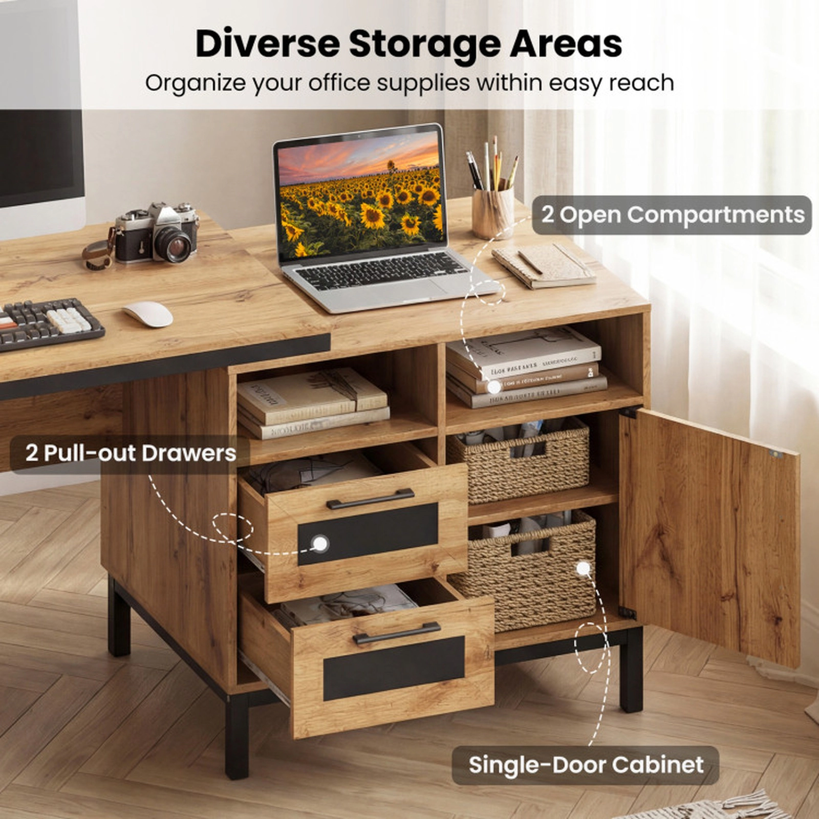 SUGIFT Natural 2 Drawers Open Compartments and Cabinet 71 Inch Executive Computer Desk