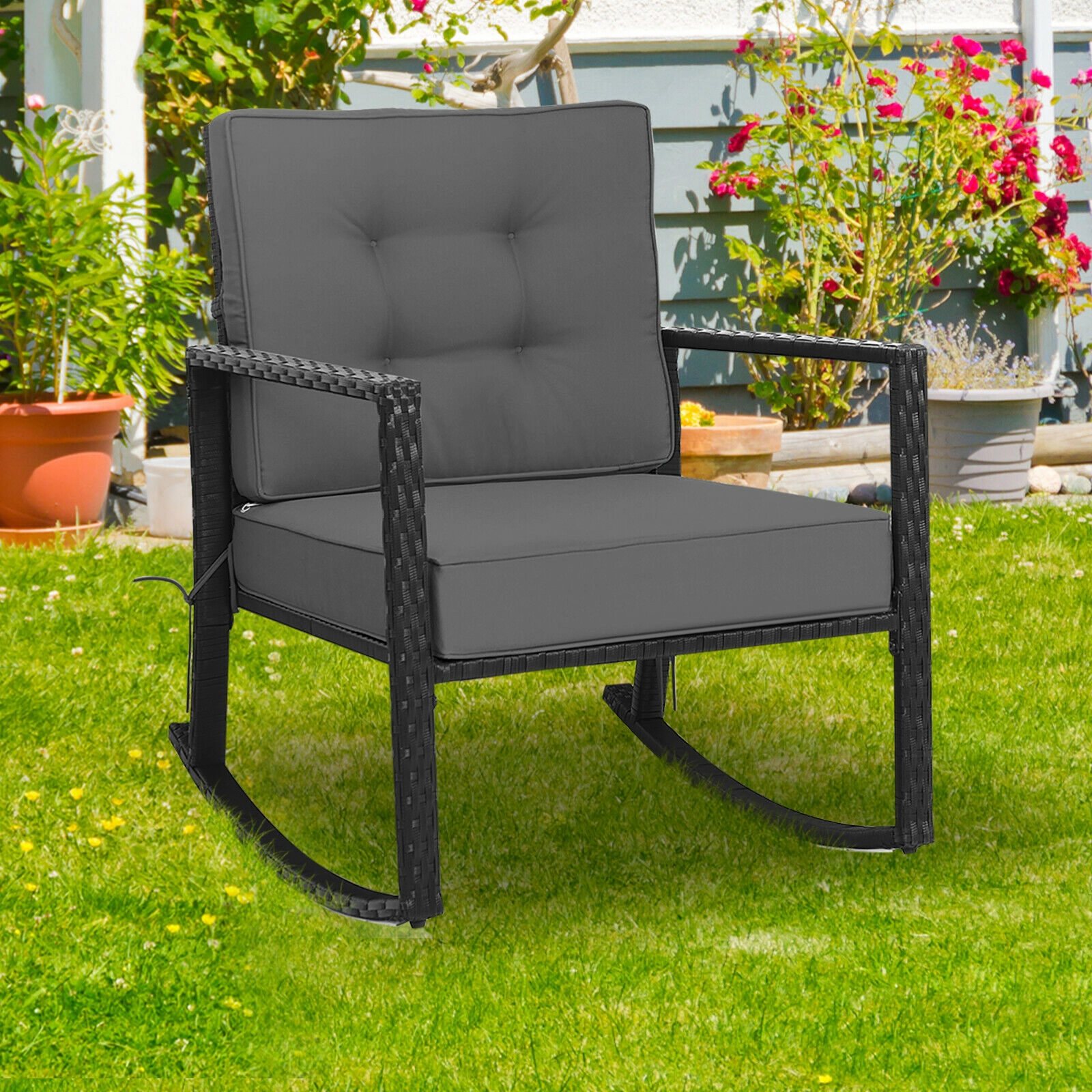 SUGIFT Black Rattan Outdoor Rocking Chair, 5-Inch Cushion, 360-Lb Capacity