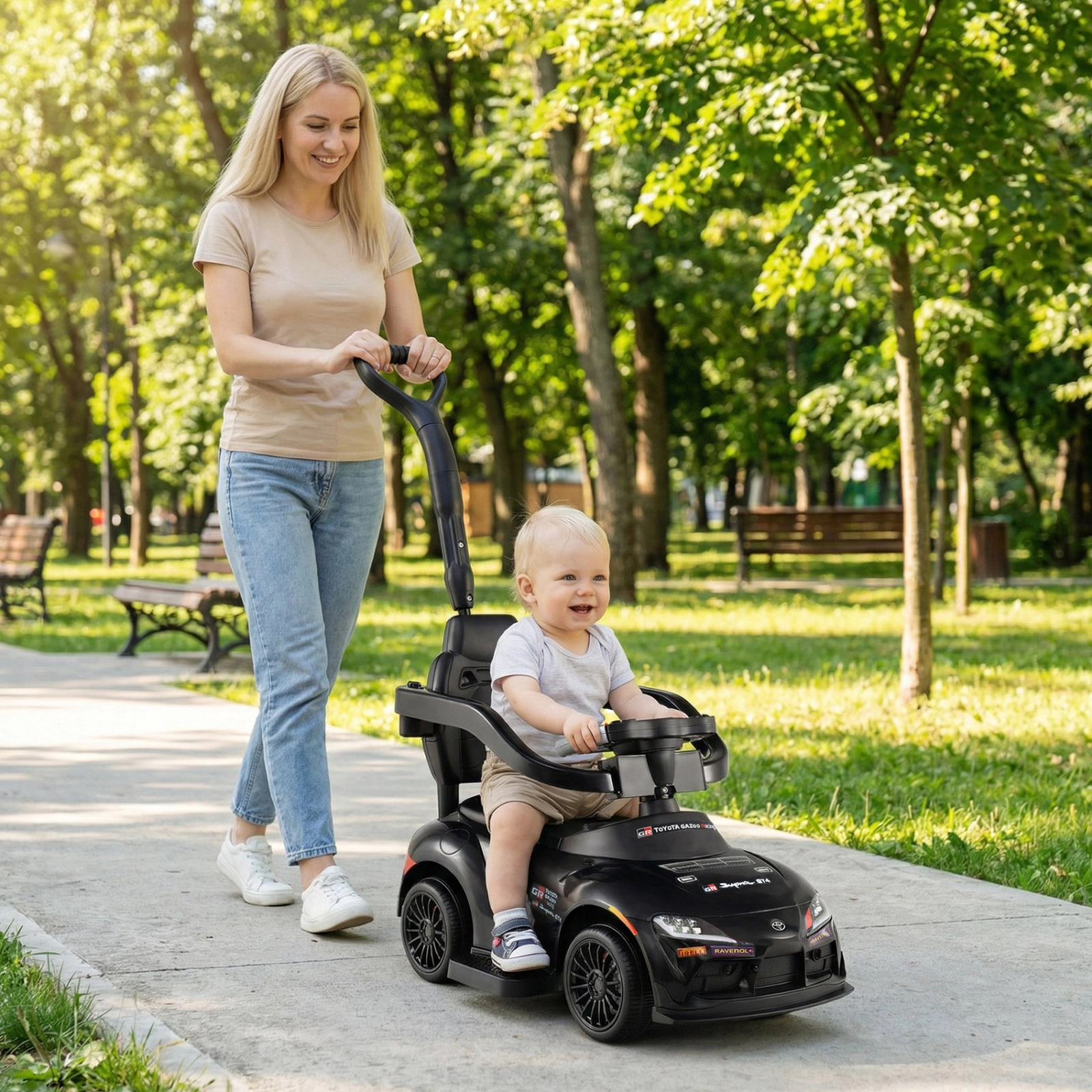 SUGIFT 3-in-1 Foot-to-Floor Push Ride-On Car with Parent Handle 44-lb Capacity Ages 1.5-5 Years Black Red Blue White