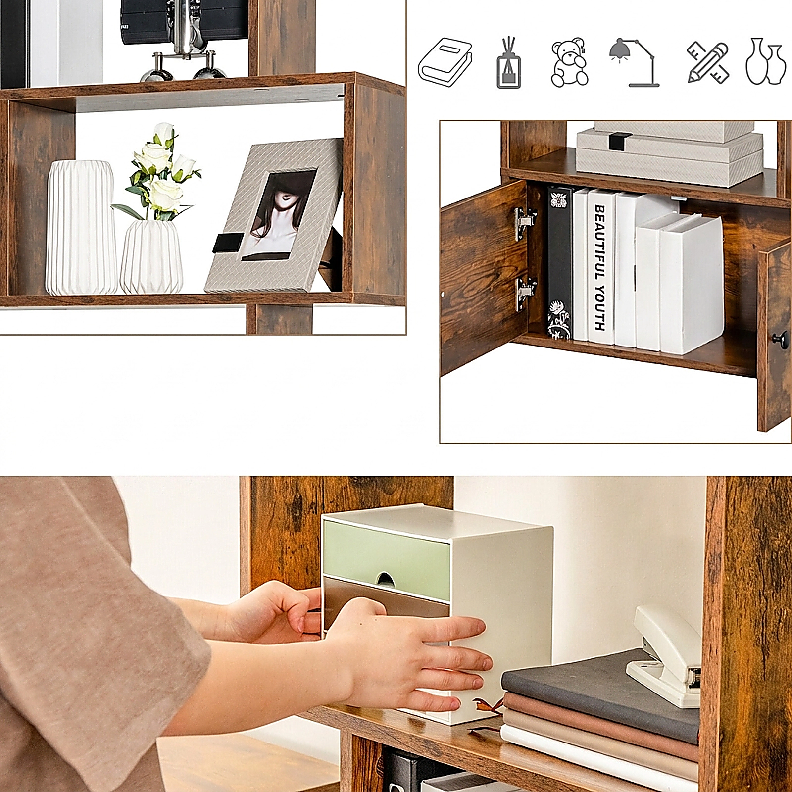 SUGIFT 27.5-in Wide S-Shaped Freestanding Bookshelf with 5 Open Tiers Cabinet and Doors 44-lb Shelf Capacity White