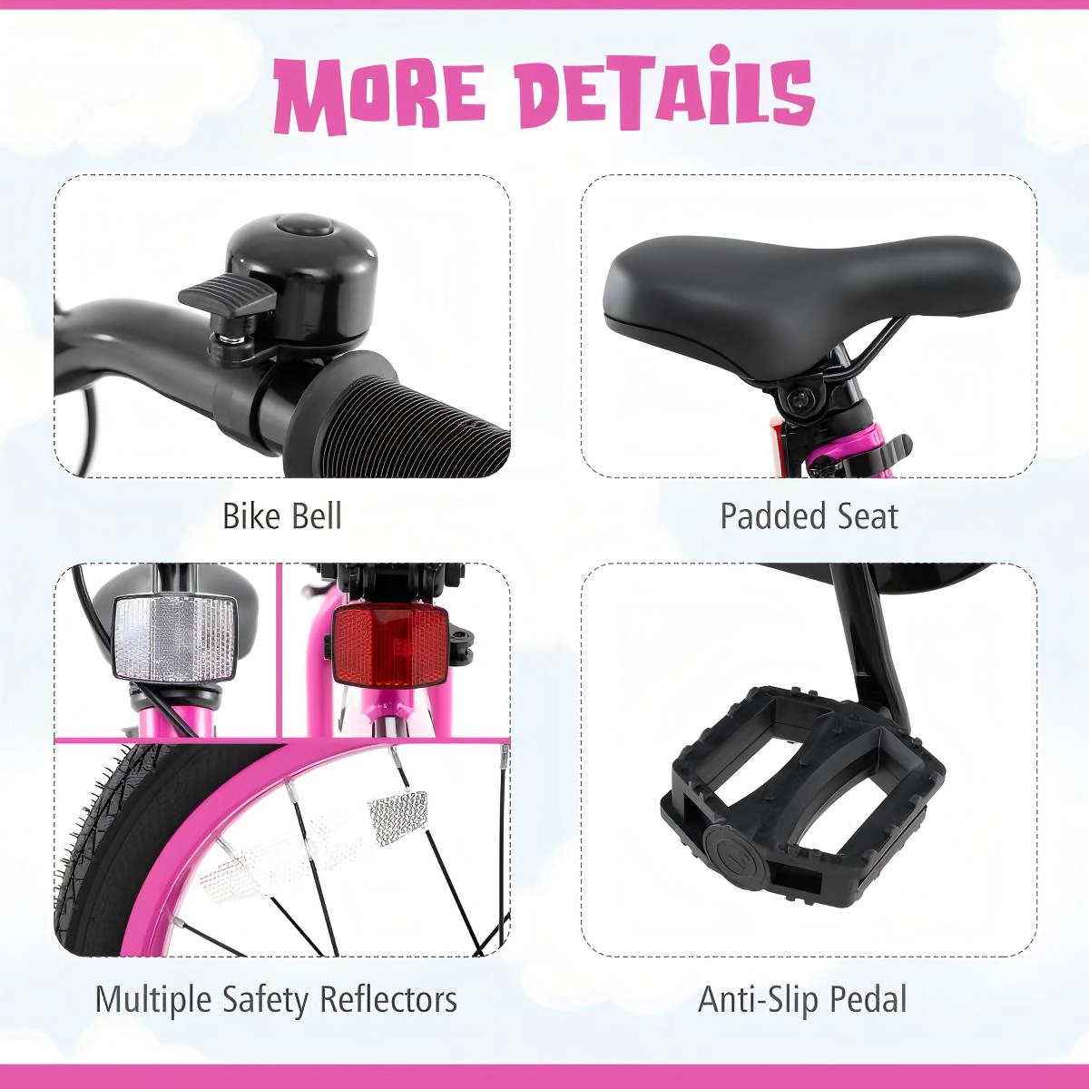SUGIFT Pink Training Wheels Headlight and Padded Seat Kids 16 Inch LED Lighted Bike