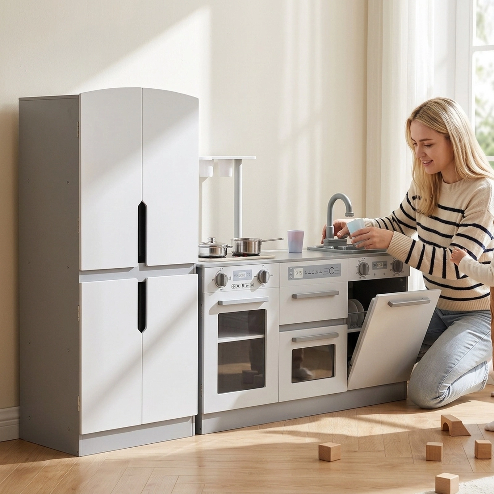Wooden 2-pc Kids Kitchen Playset Fridge Running Water Lights and Sounds 3 Planting Pots 35.5-in Ages 3+ Gray