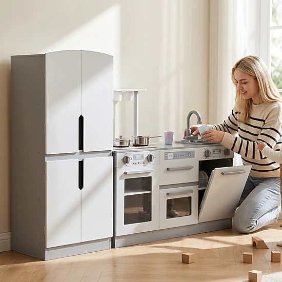 Wooden 2-pc Kids Kitchen Playset Fridge Running Water Lights and Sounds 3 Planting Pots 35.5-in Ages 3+ Gray