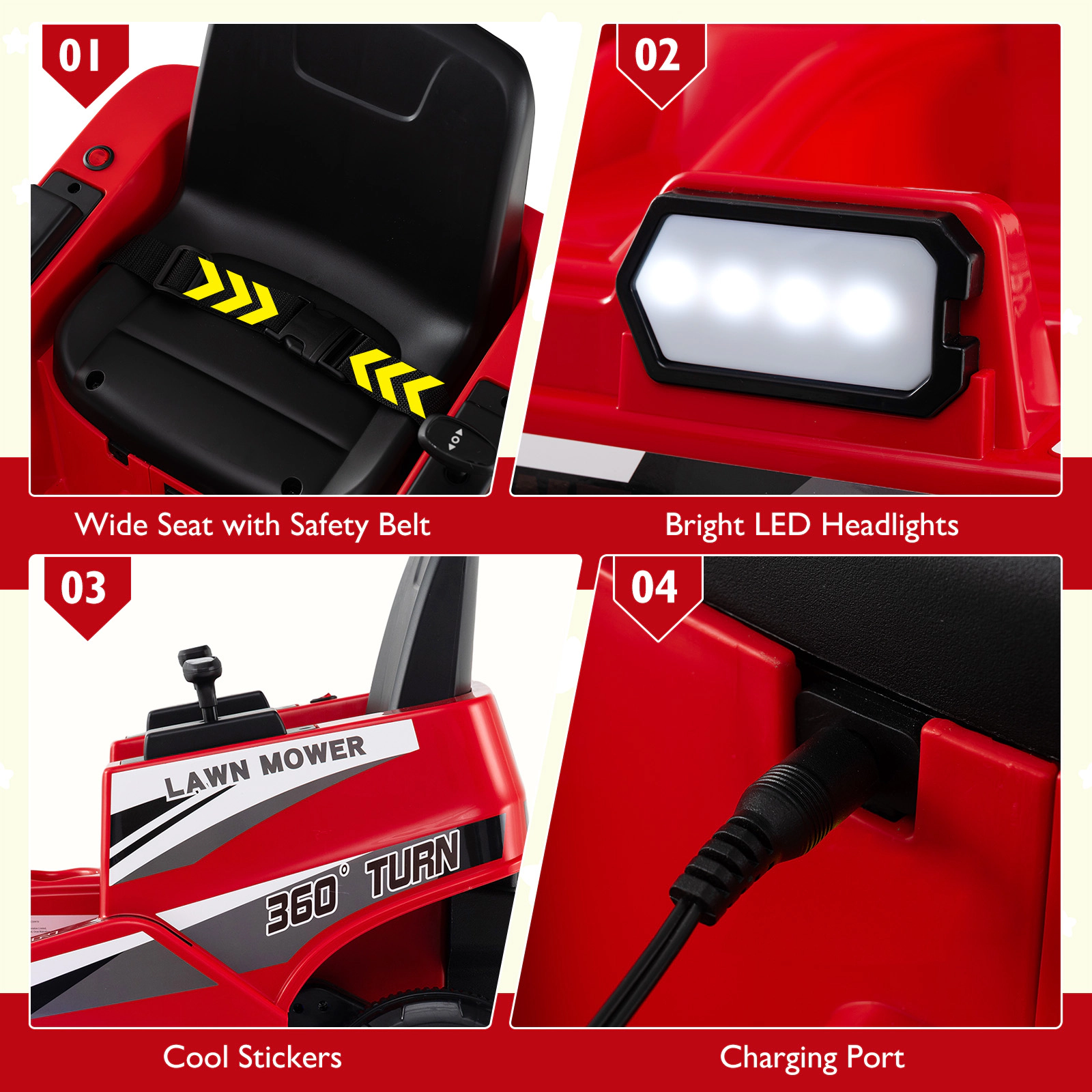 12V Kids Lawn Mower Dual Control Sticks 360-Degree Turn and LED Light-Up Deck for Ages 3-8 Battery Powered Ride On Toy