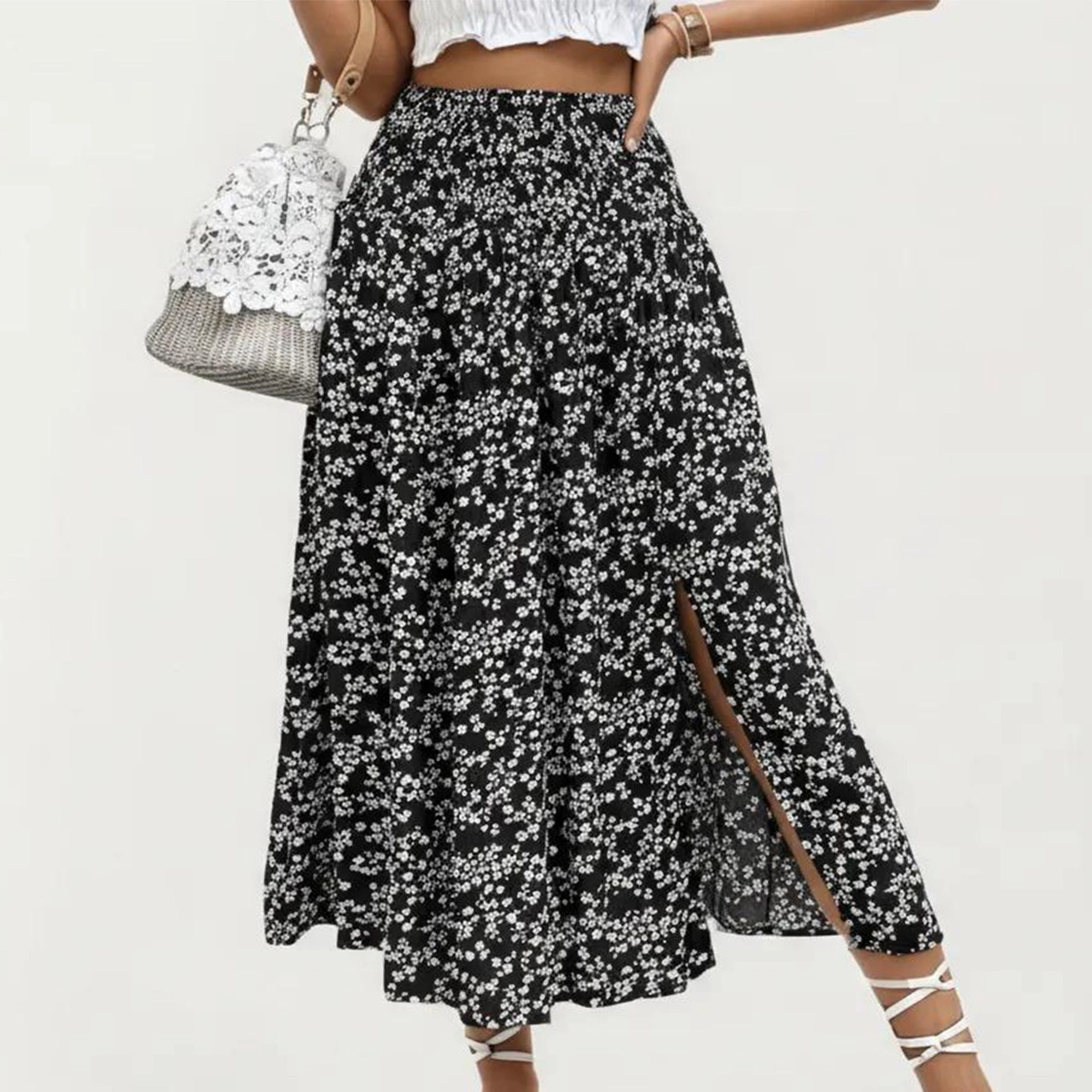 Anna-Kaci Womens High-Waist Ditsy Floral Midi Skirt with Side Slit