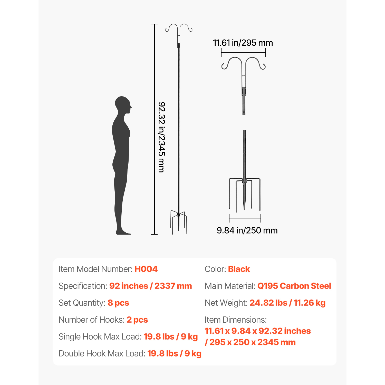 HONGGE Double Shepherds Hooks for Outdoor 8 Pack Heavy Duty Bird Feeder Pole 3/4 Inch Thick Garden Hooks for Hanging