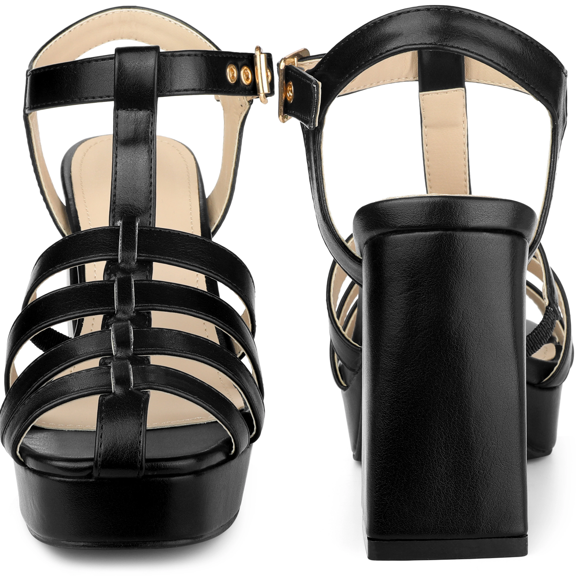BLISSFUL STEP Women's Gladiator Platform Square Toe T-Strap Chunky Heel Sandals