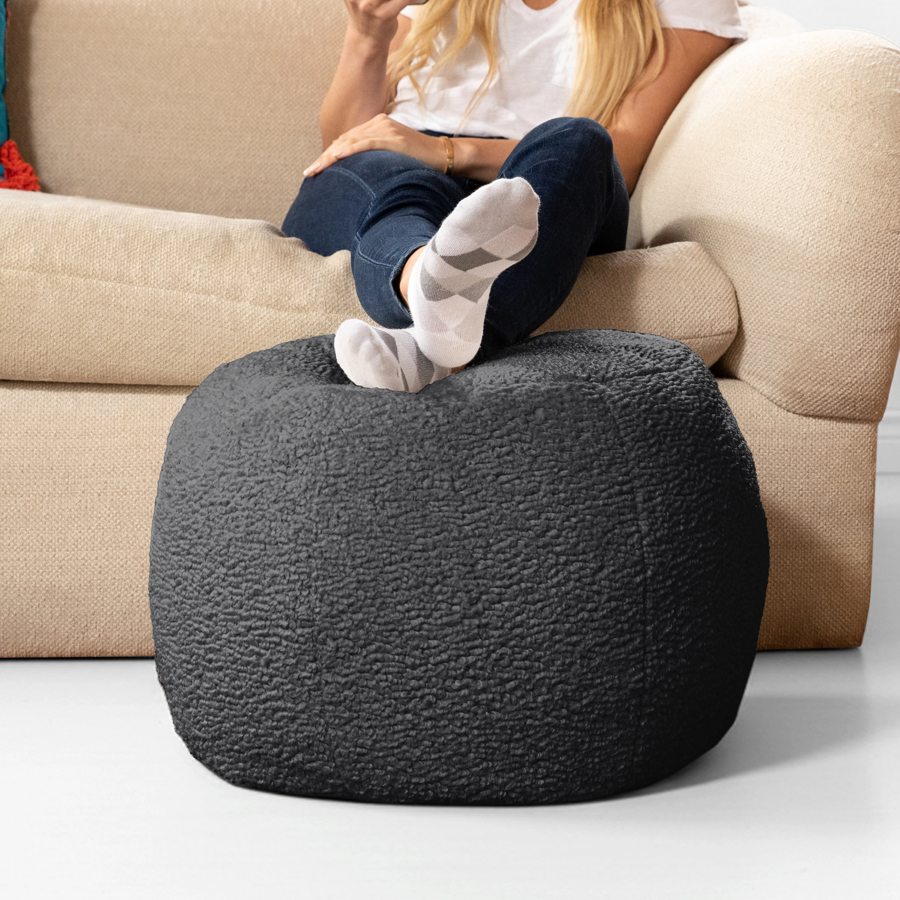 Jaxx Ellis Ottoman Shearling Faux-Lamb Plush Pouf for Modern Interior Design